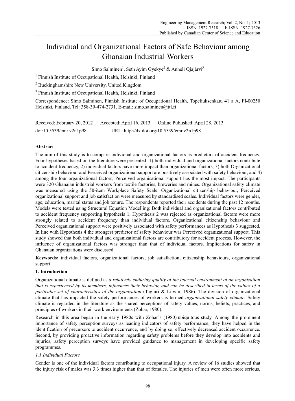 Individual and Organizational Factors of Safe Behaviour Among Ghanaian Industrial Workers