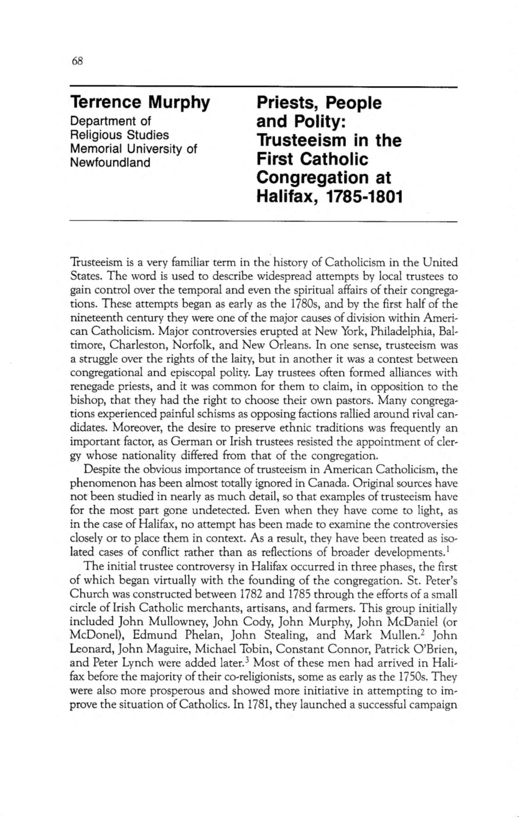 Trusteeism in the First Catholic Congregation at Halifax, 1785-1801