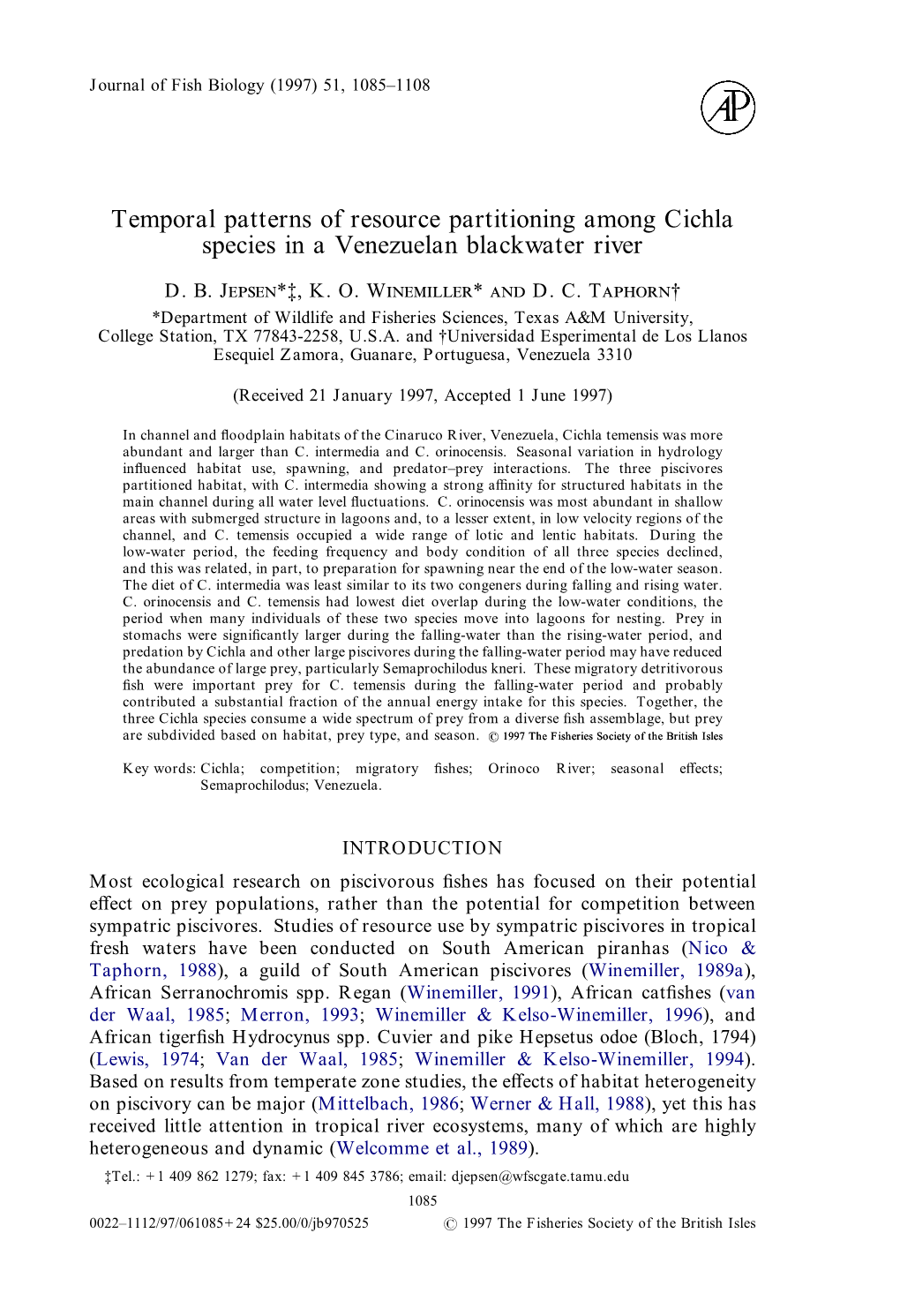 Temporal Patterns of Resource Partitioning Among Cichla Species in a Venezuelan Blackwater River