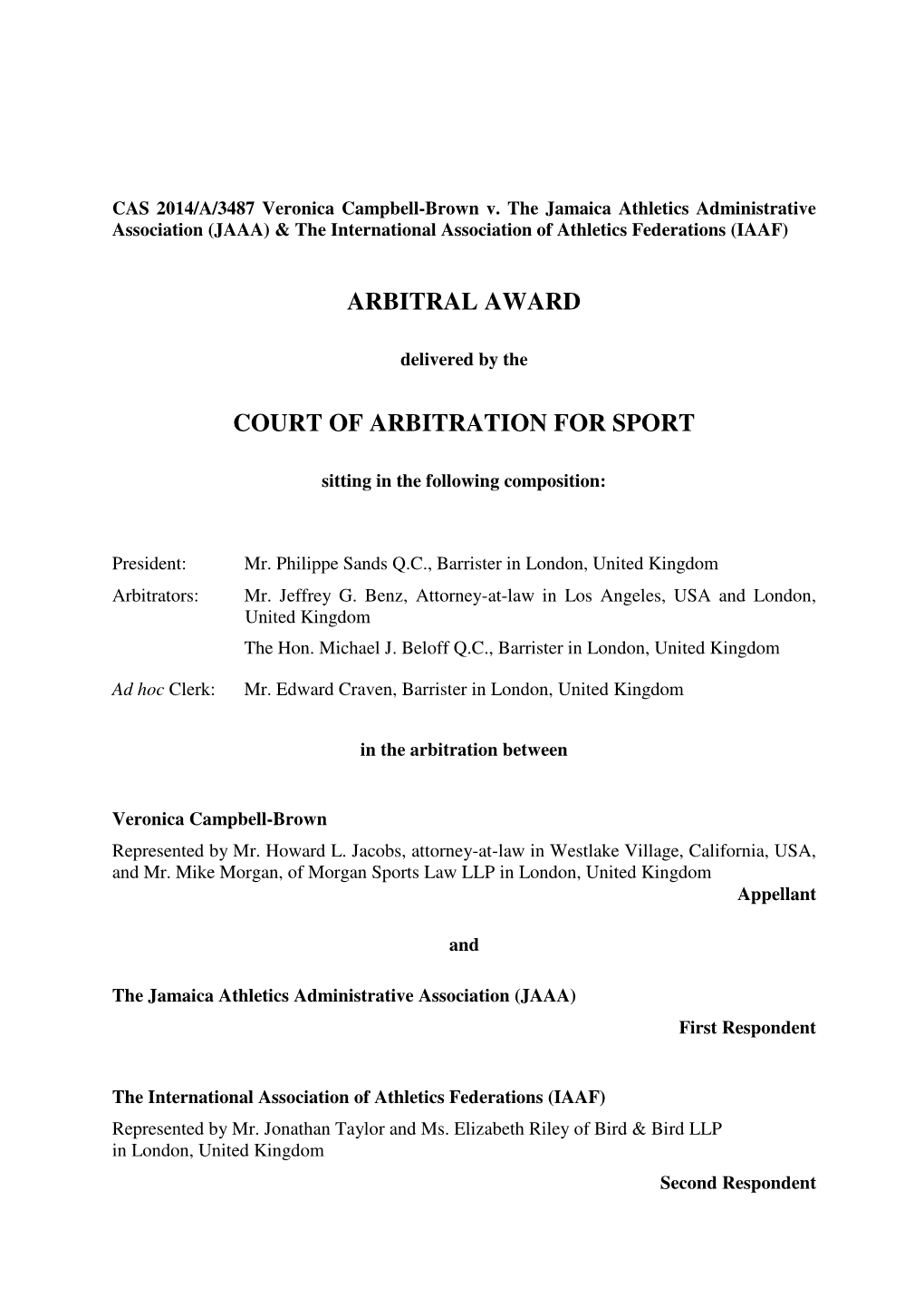 Arbitral Award Court of Arbitration for Sport