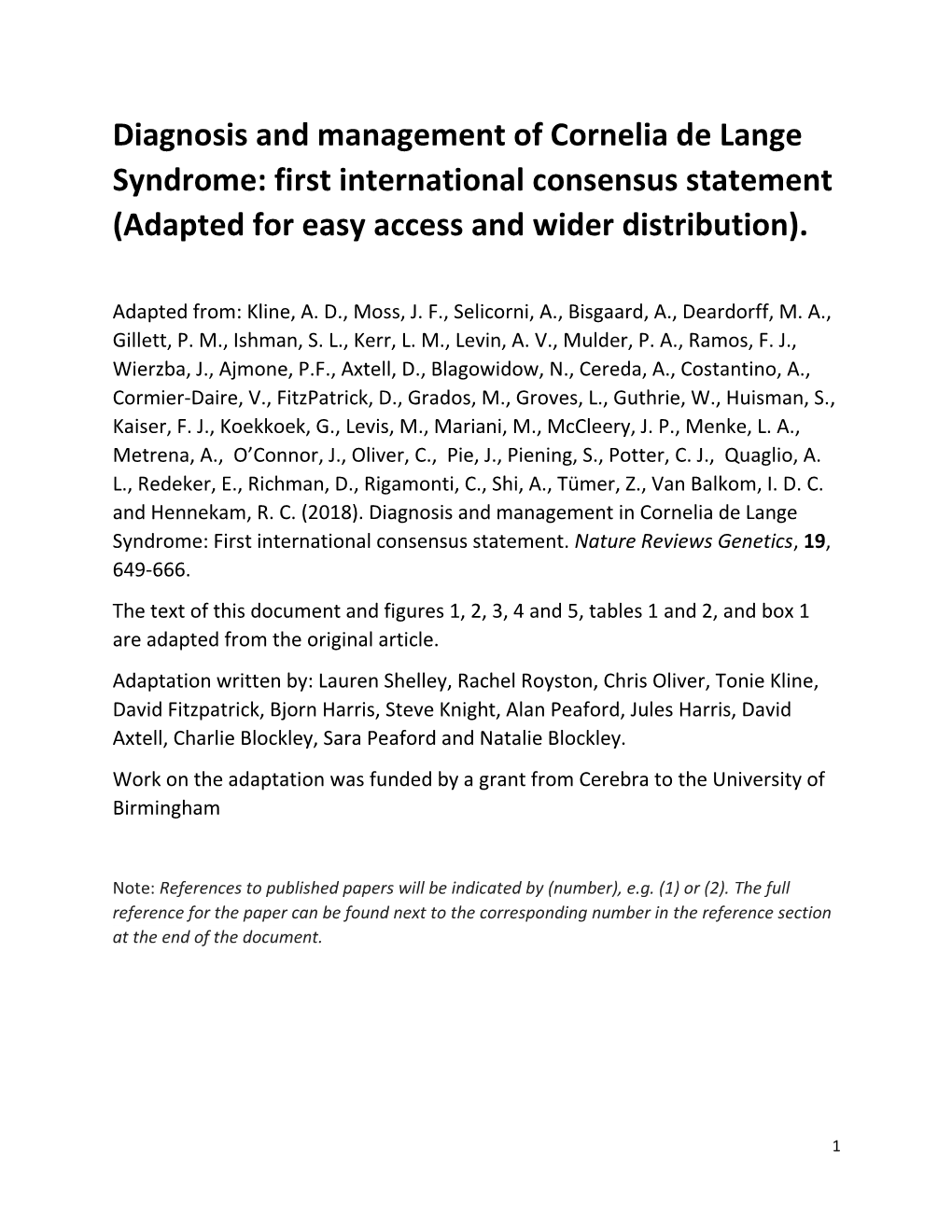 Diagnosis and Management of Cornelia De Lange Syndrome: First International Consensus Statement (Adapted for Easy Access and Wider Distribution)