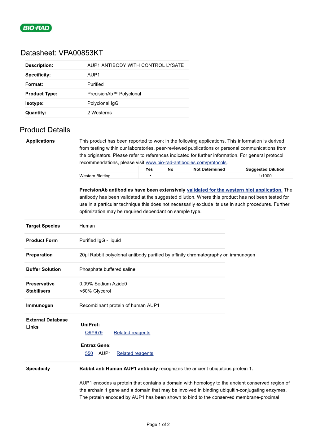 Datasheet: VPA00853KT Product Details