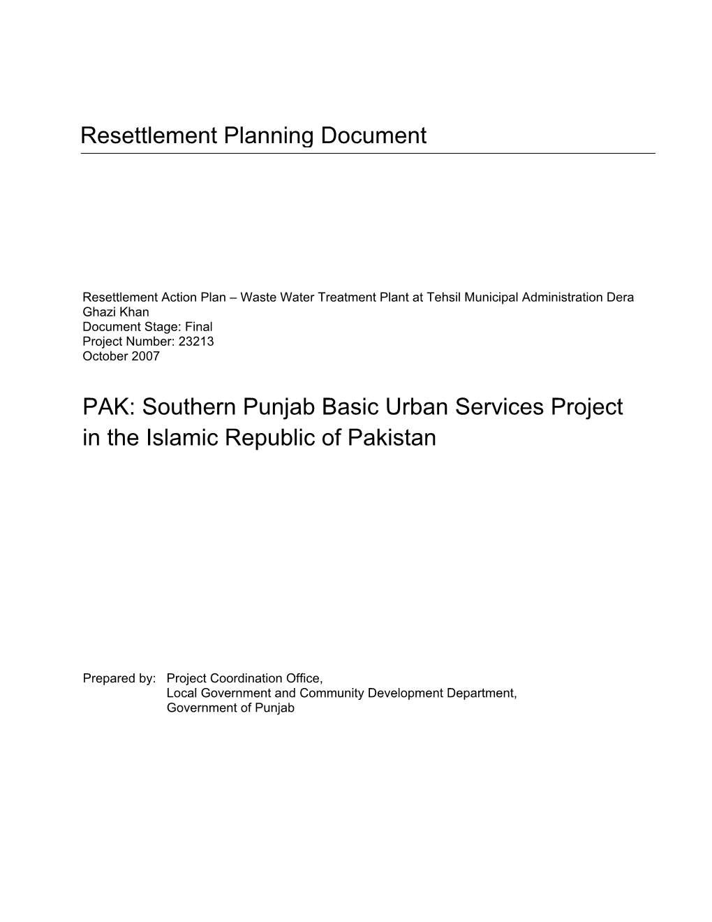 Southern Punjab Basic Urban Services Project in the Islamic Republic of Pakistan