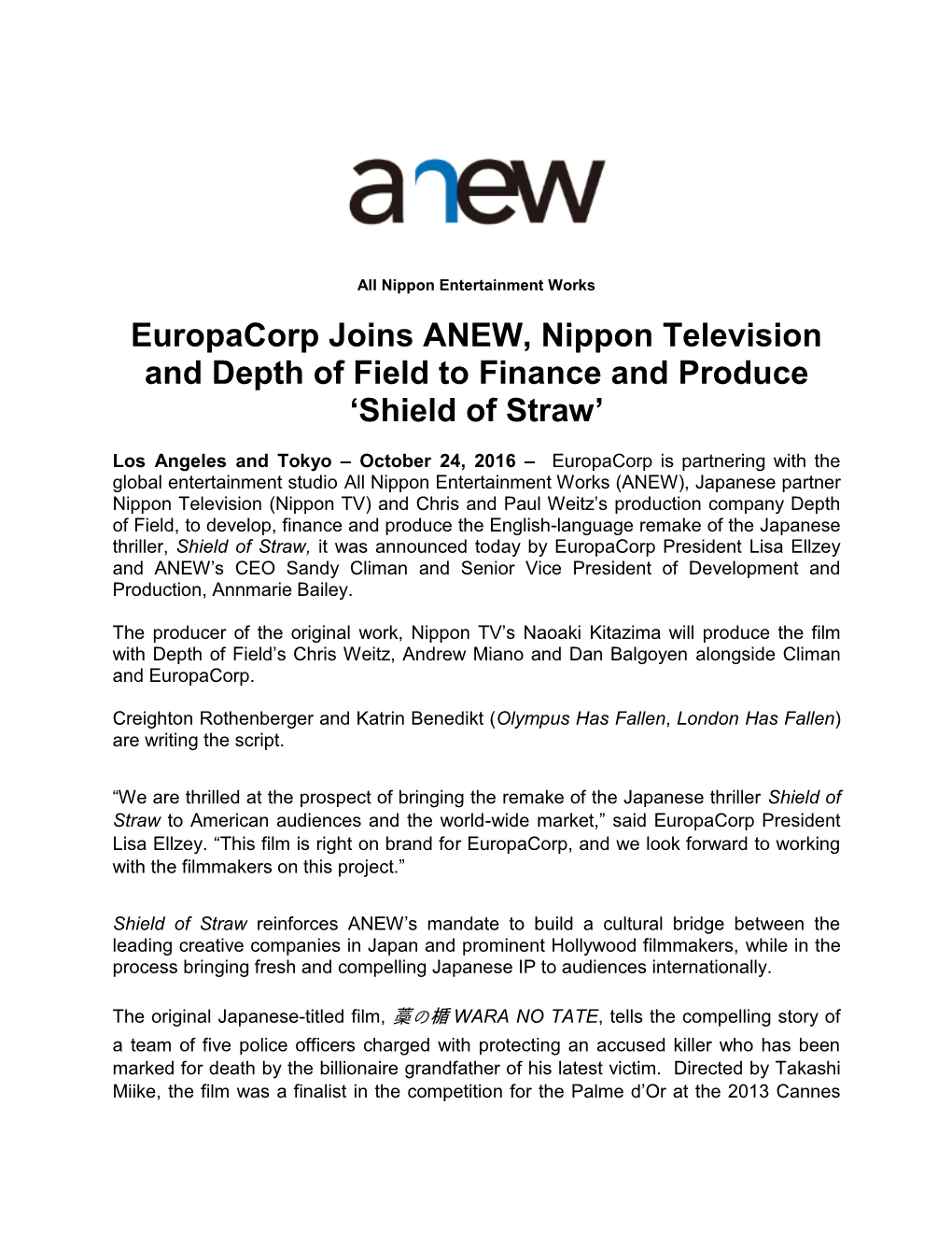 Europacorp Joins ANEW, Nippon Television and Depth of Field to Finance and Produce ‘Shield of Straw’