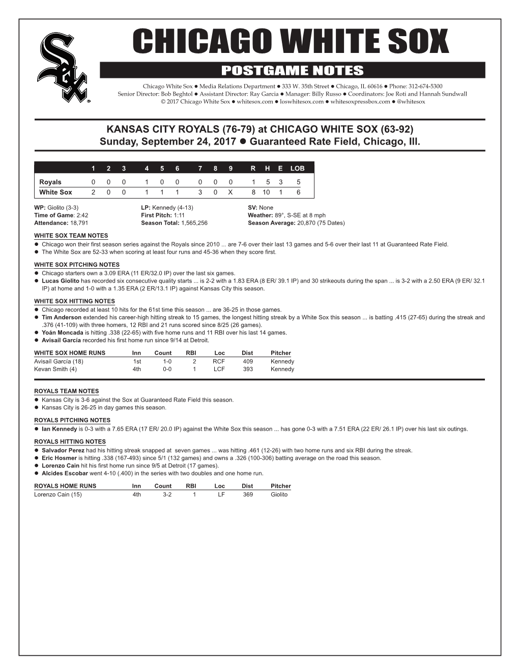 CHICAGO WHITE SOX POSTGAME NOTES Chicago White Sox  Media Relations Department  333 W