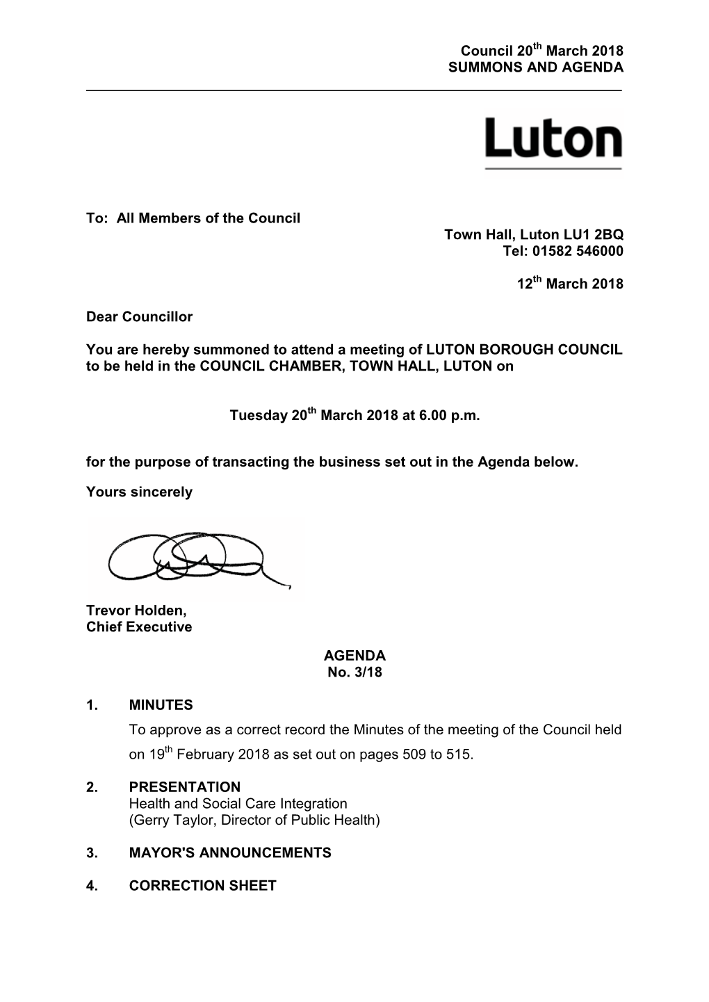 Council 20 March 2018 SUMMONS and AGENDA To