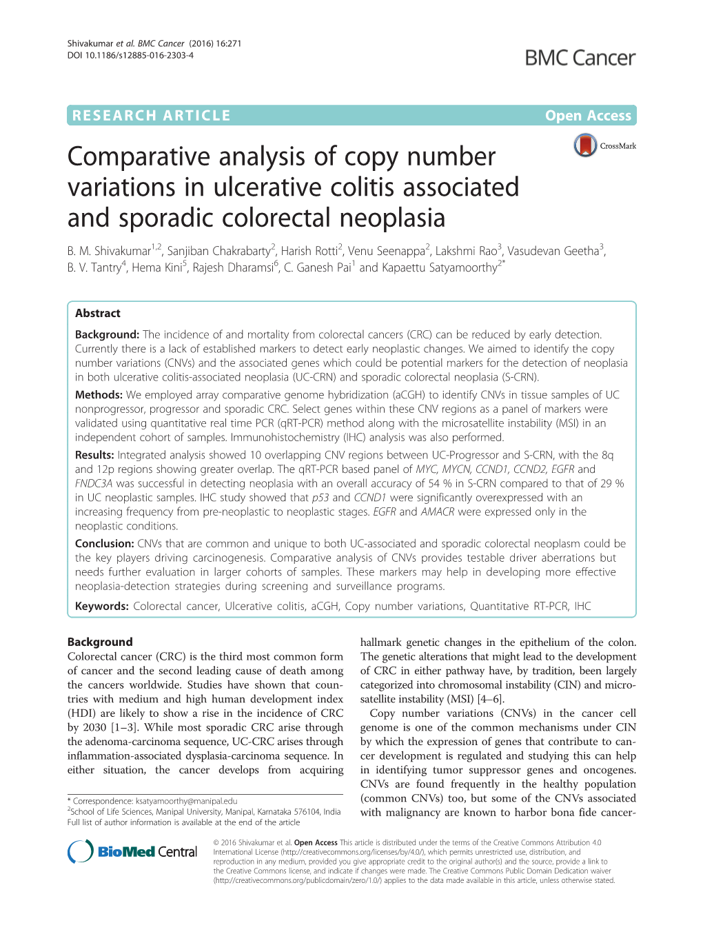 Comparative Analysis of Copy Number Variations in Ulcerative Colitis Associated and Sporadic Colorectal Neoplasia B