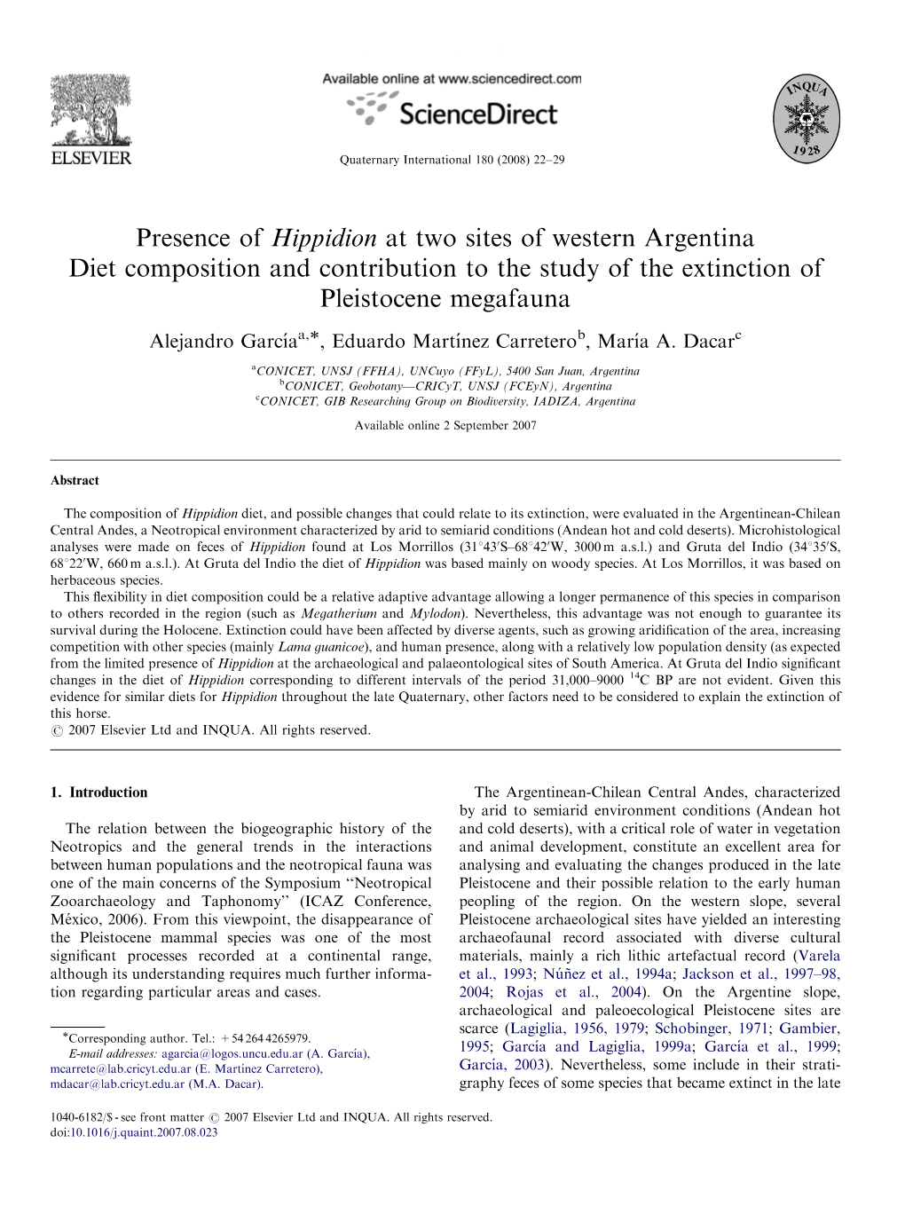 Presence of Hippidion at Two Sites of Western Argentina Diet Composition and Contribution to the Study of the Extinction of Pleistocene Megafauna