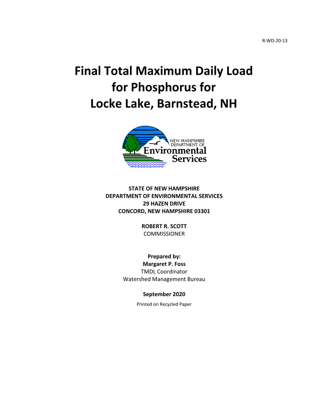 Final Total Maximum Daily Load for Phosphorus for Locke Lake, Barnstead, NH