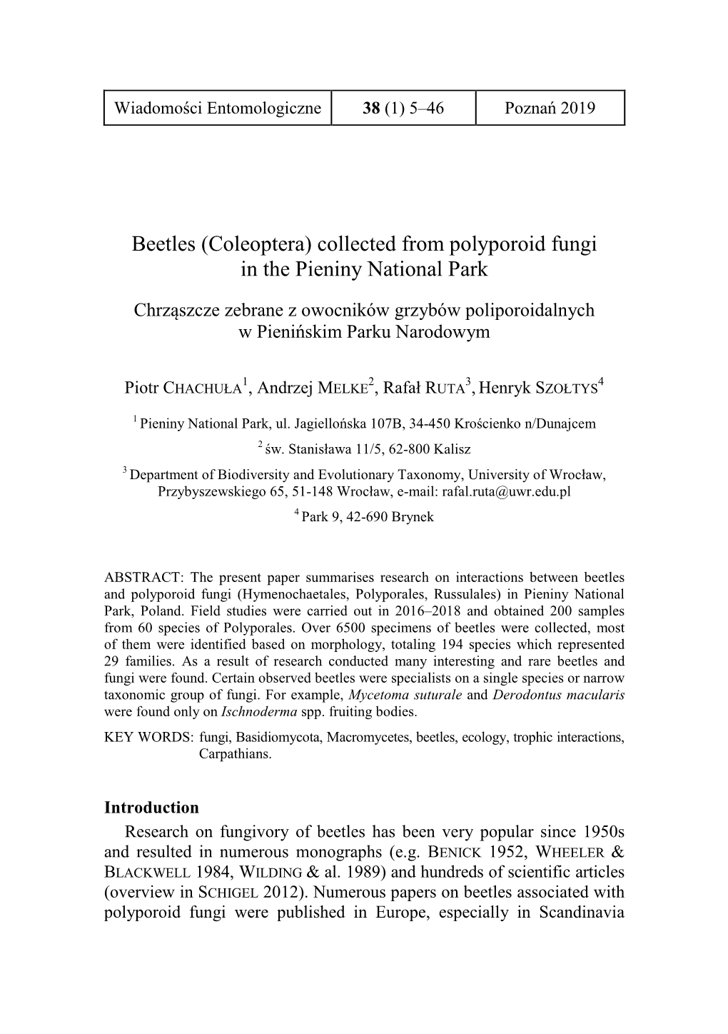 Beetles (Coleoptera) Collected from Polyporoid Fungi in the Pieniny National Park