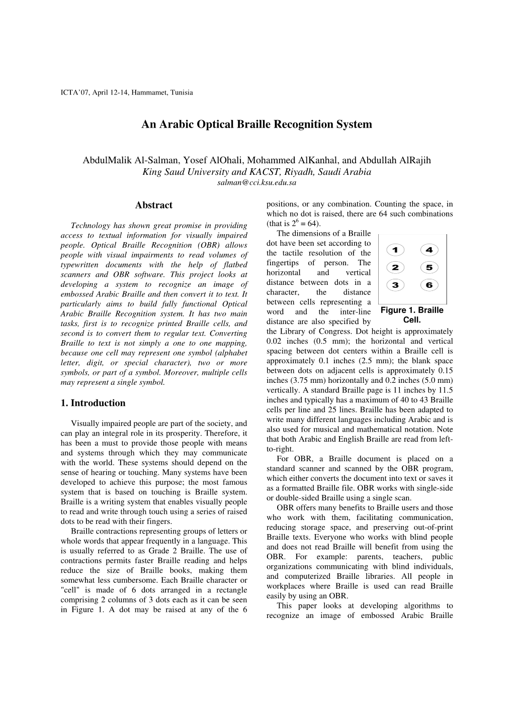 An Arabic Optical Braille Recognition System