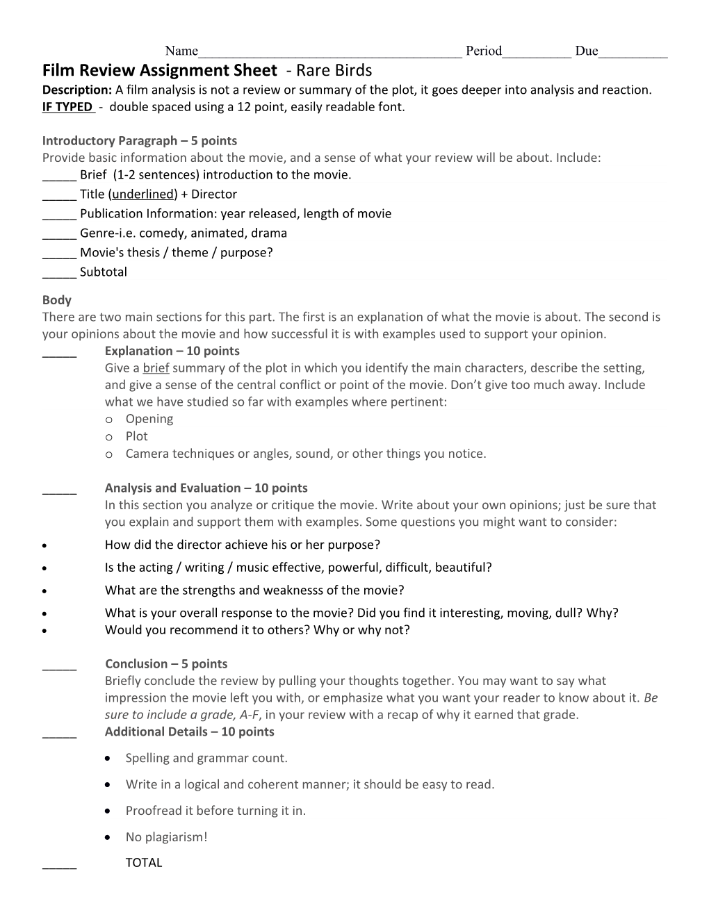 Movie Analysis Assignment and Rubric