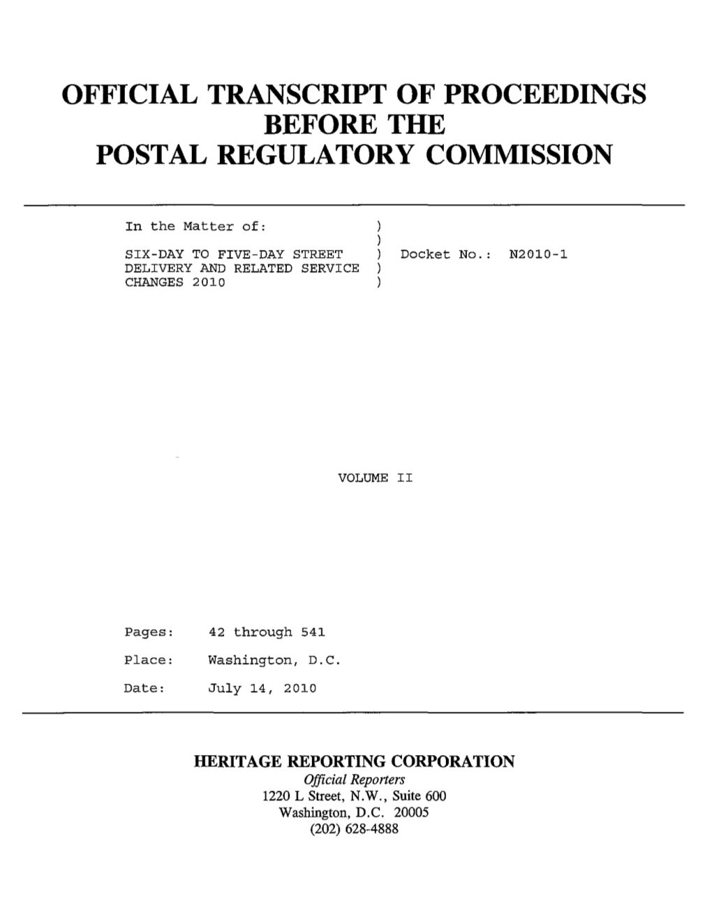 Official Transcript of Proceedings Before the Postal Regulatory Commission