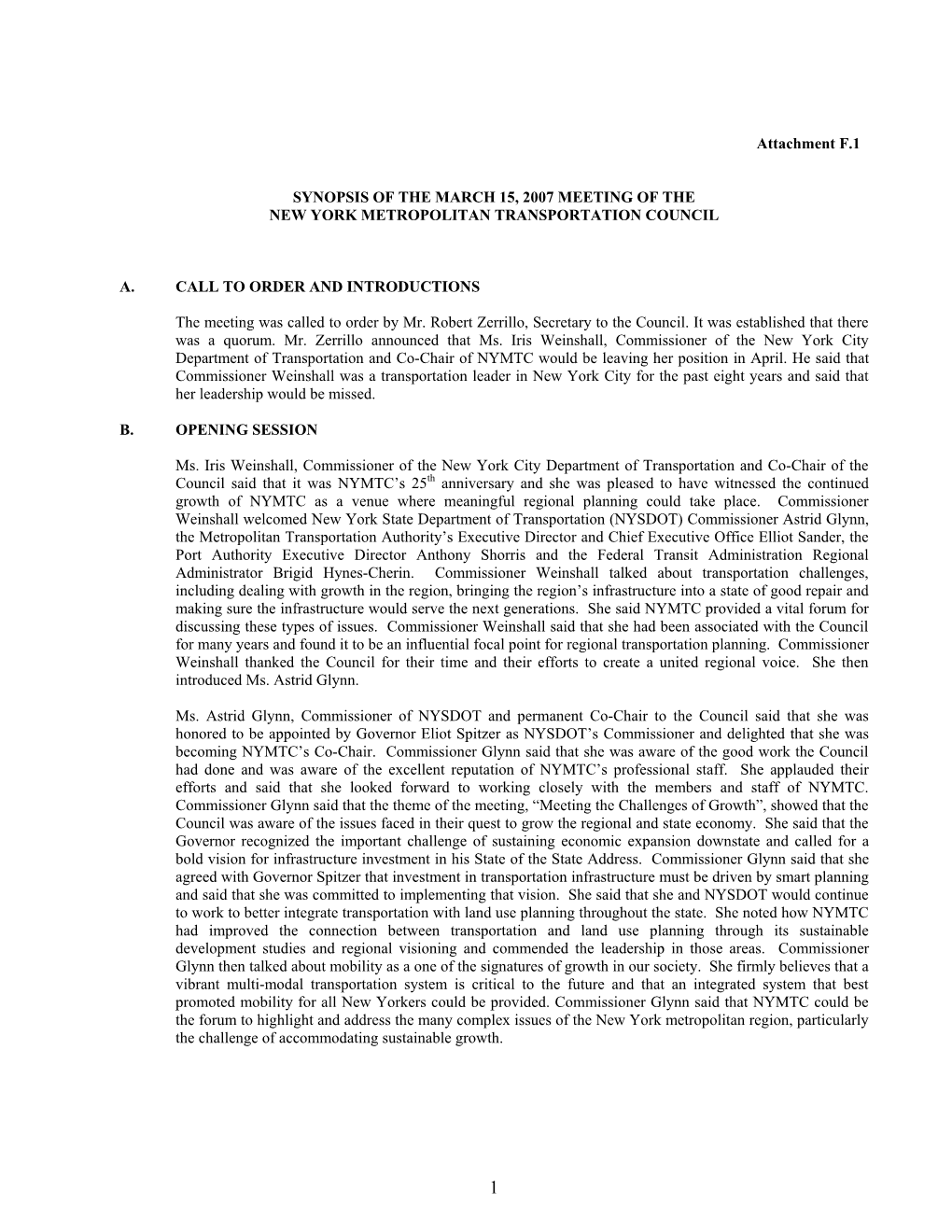 Attachment F.1 SYNOPSIS of the MARCH 15, 2007 MEETING OF