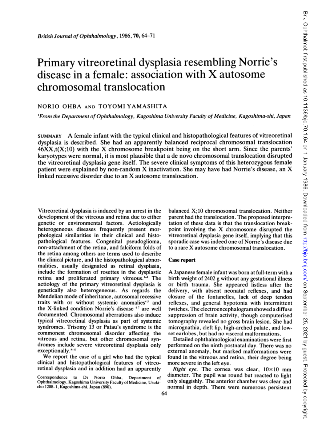 Primary Vitreoretinaldysplasia Resembling Norrie's