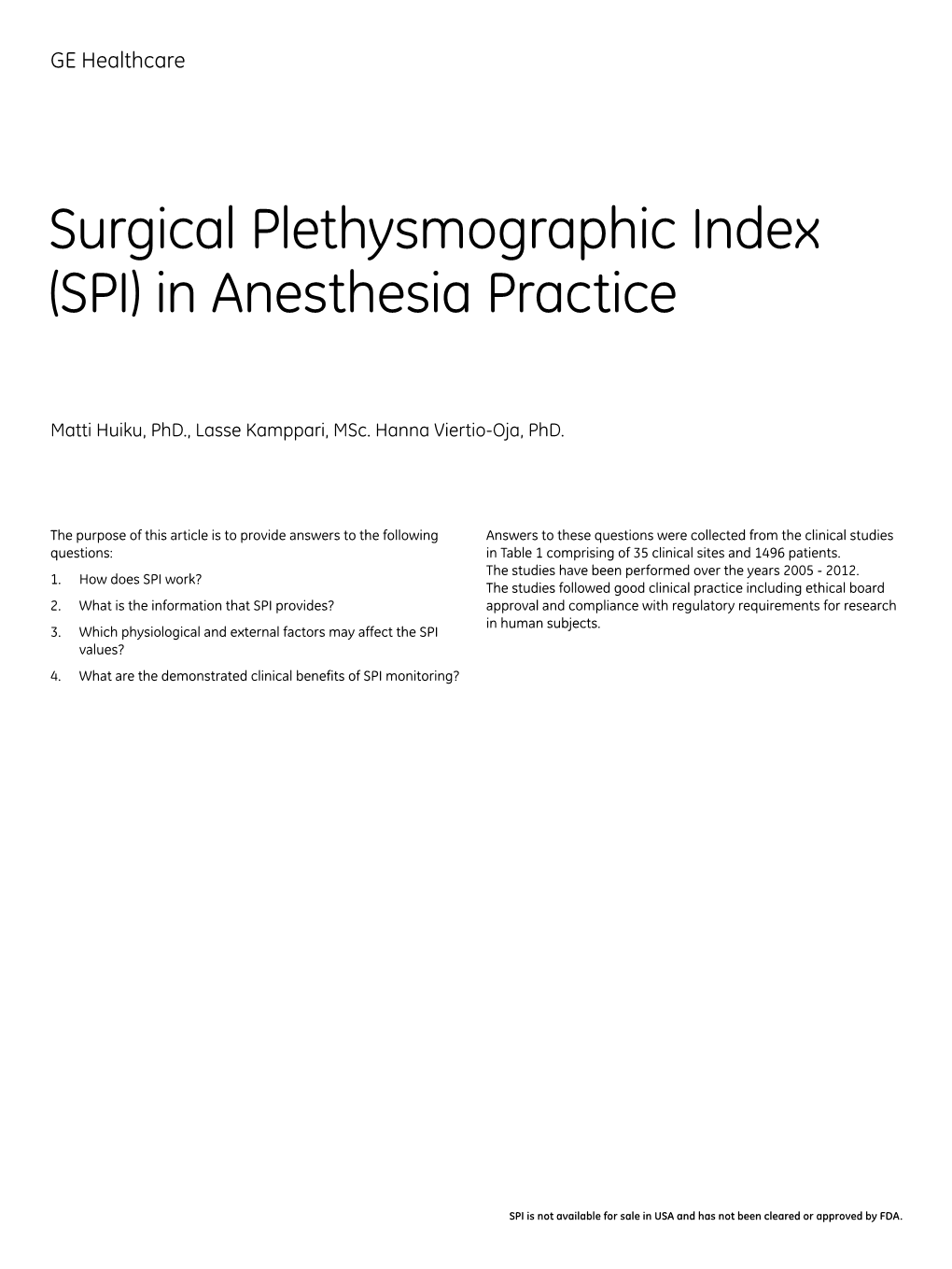 Surgical Plethysmographic Index (SPI) in Anesthesia Practice