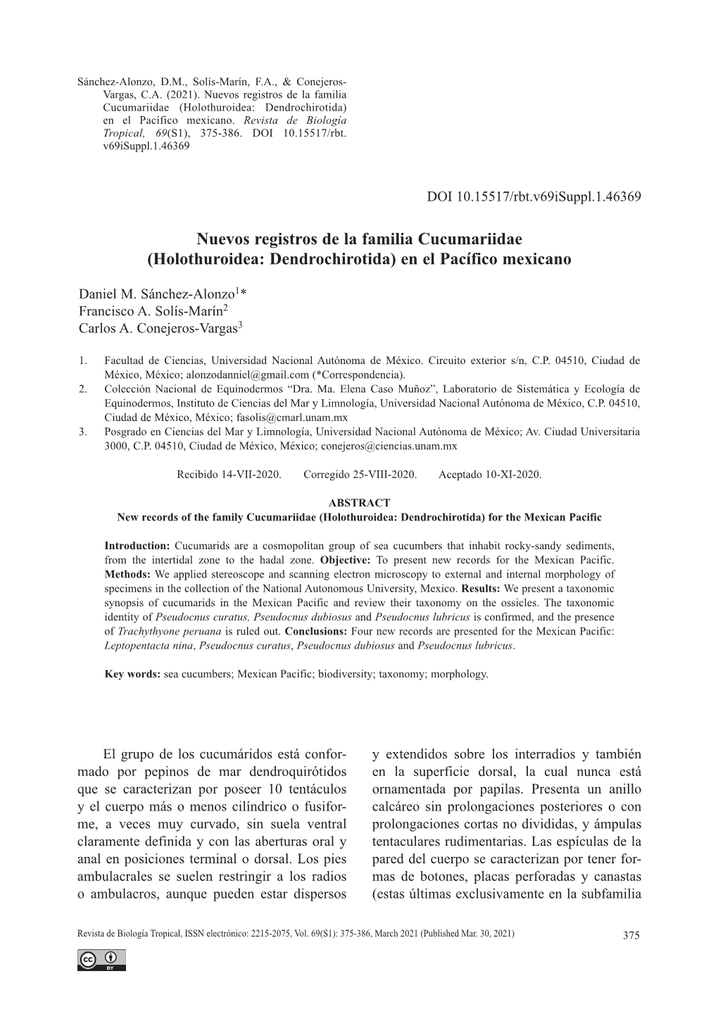 Nuevos Registros De La Familia Cucumariidae (Holothuroidea: Dendrochirotida) En El Pacífico Mexicano