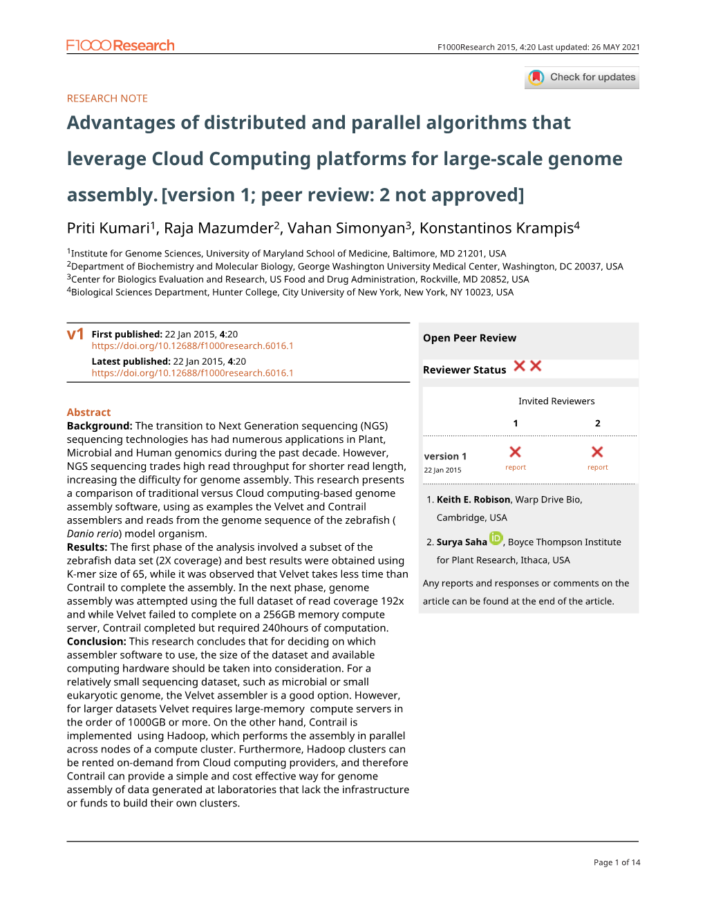 Advantages of Distributed and Parallel Algorithms That Leverage Cloud Computing Platforms for Large-Scale Genome Assembly