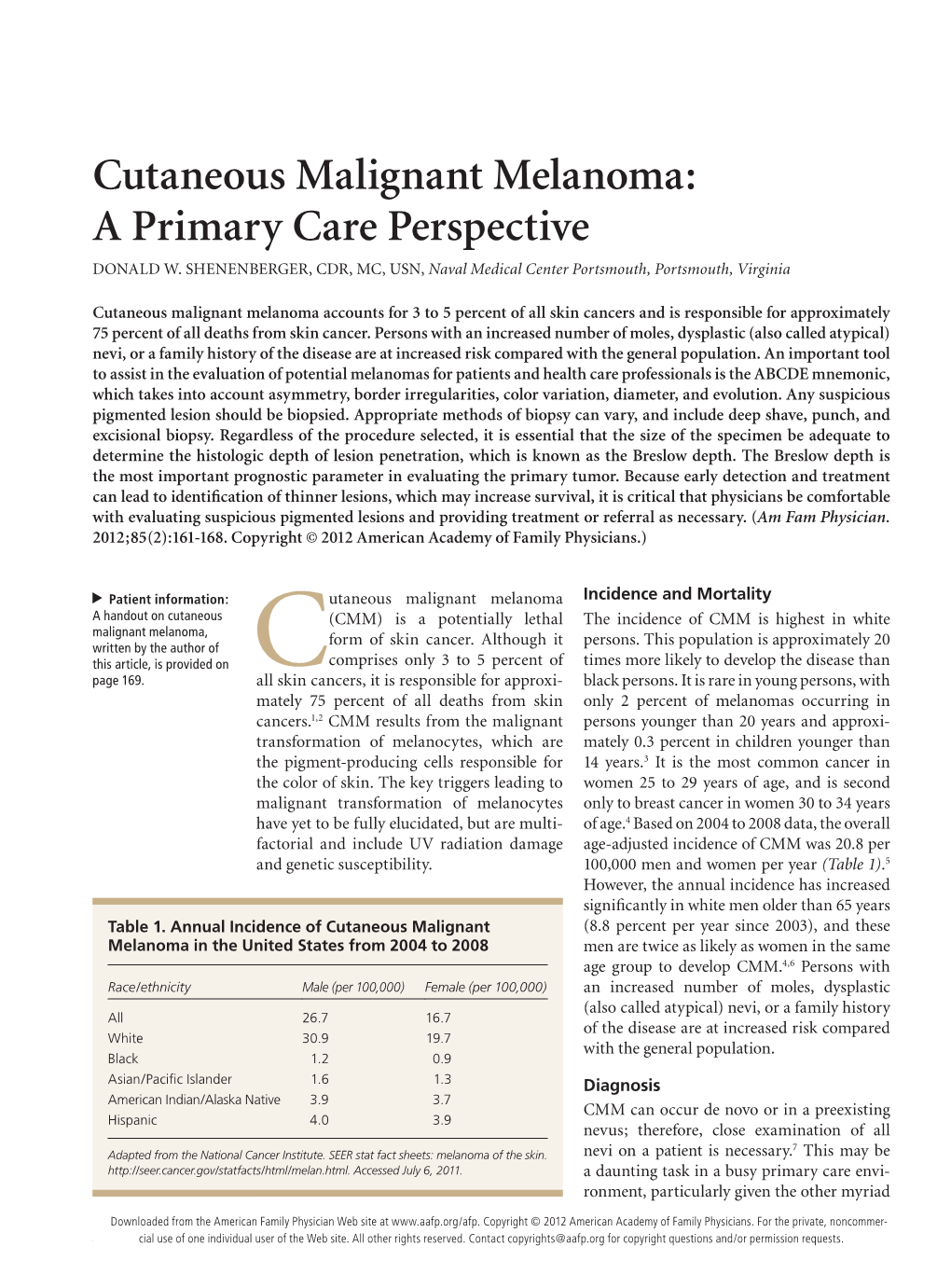 Cutaneous Malignant Melanoma: a Primary Care Perspective DONALD W