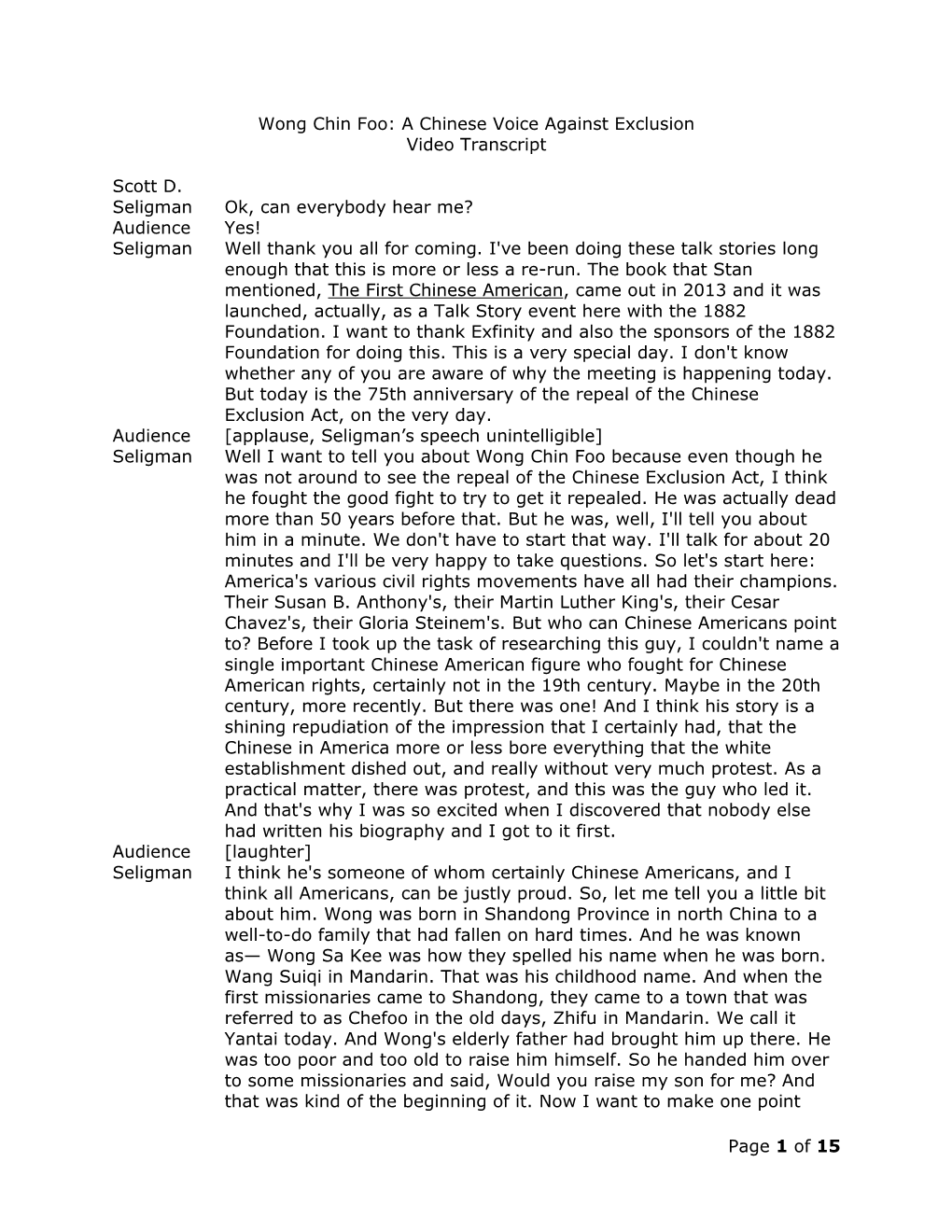 Page 1 of 15 Wong Chin Foo: a Chinese Voice Against Exclusion