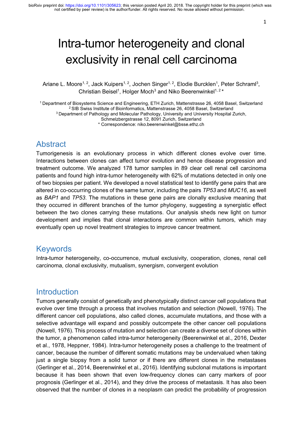 Intra-Tumor Heterogeneity and Clonal Exclusivity in Renal Cell Carcinoma