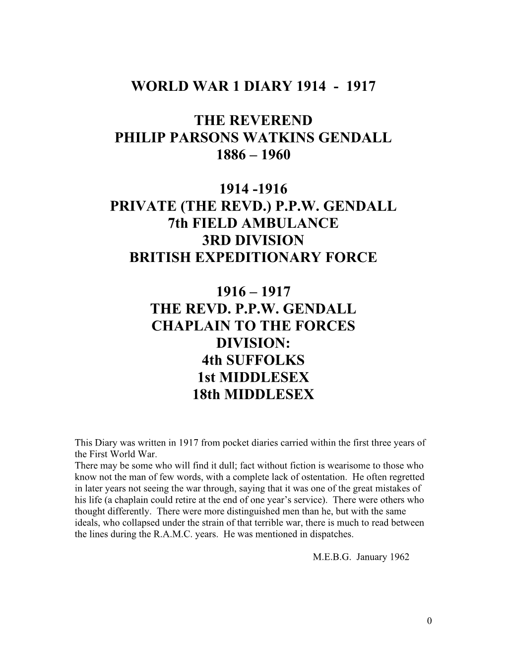 World War 1 Diary of the Reverend Philip Gendall