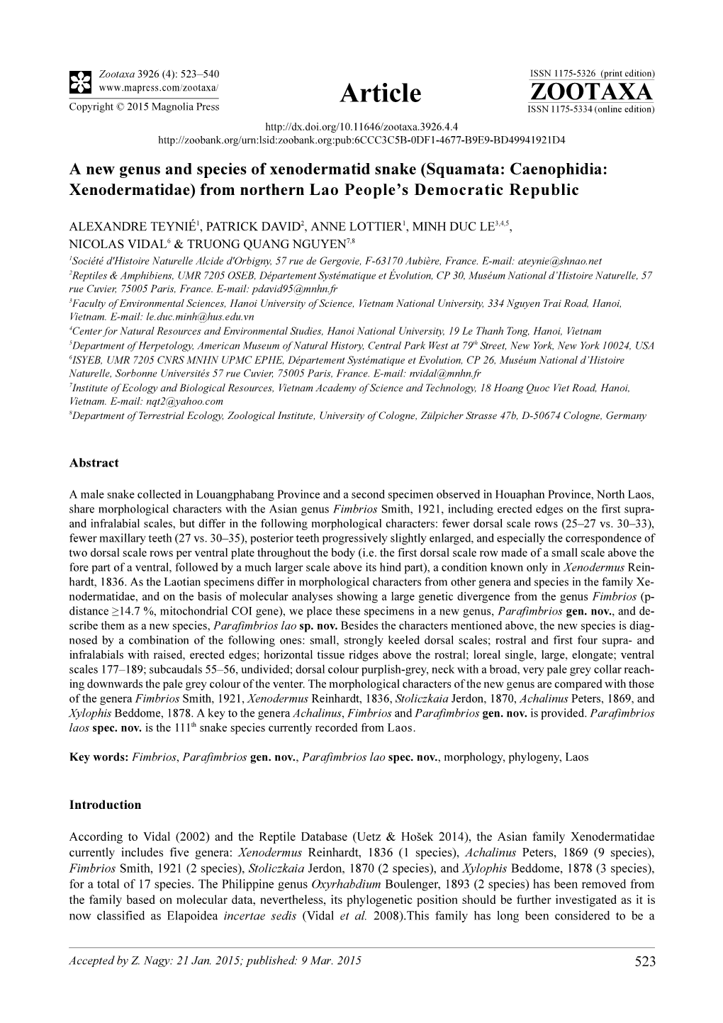 A New Genus and Species of Xenodermatid Snake (Squamata: Caenophidia: Xenodermatidae) from Northern Lao People’S Democratic Republic