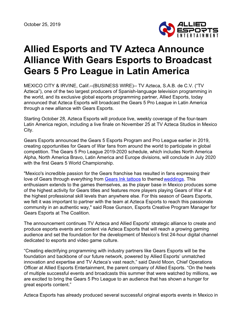 Allied Esports and TV Azteca Announce Alliance with Gears Esports to Broadcast Gears 5 Pro League in Latin America