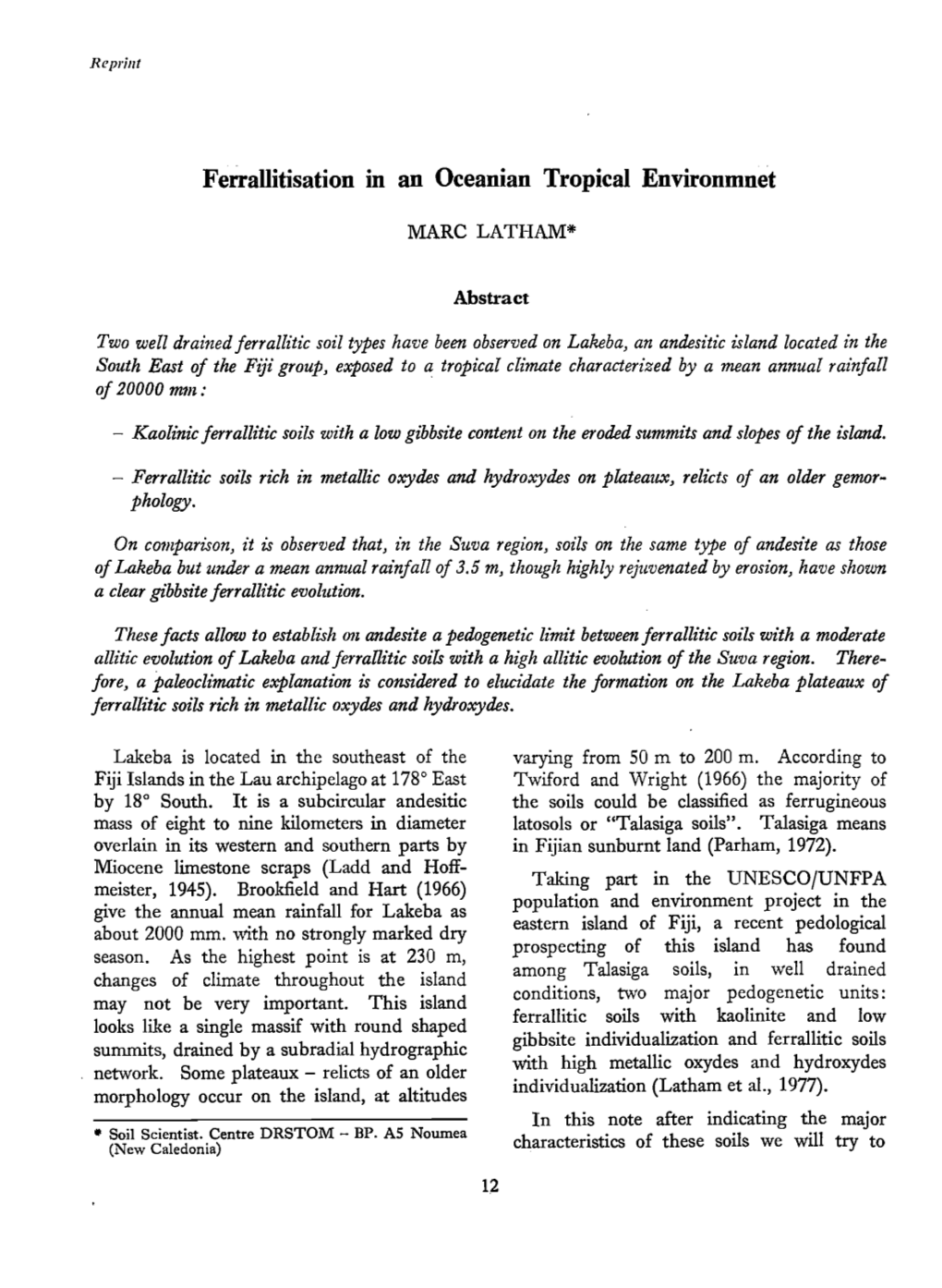 Ferrallitisation in an Oceanian Tropical Environment in : Joseph K.T