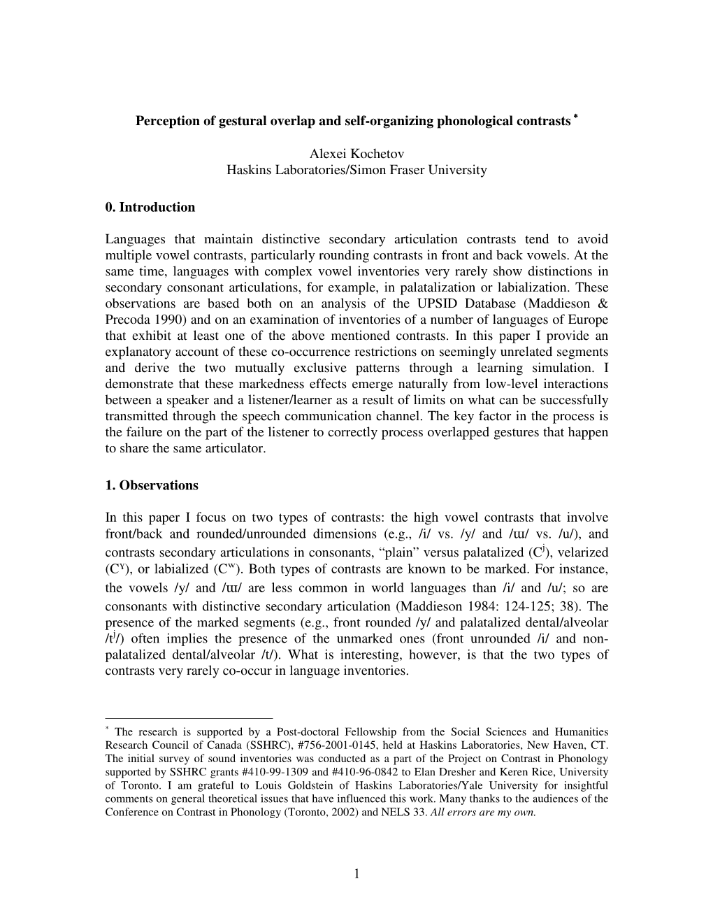 1 Perception of Gestural Overlap and Self-Organizing Phonological