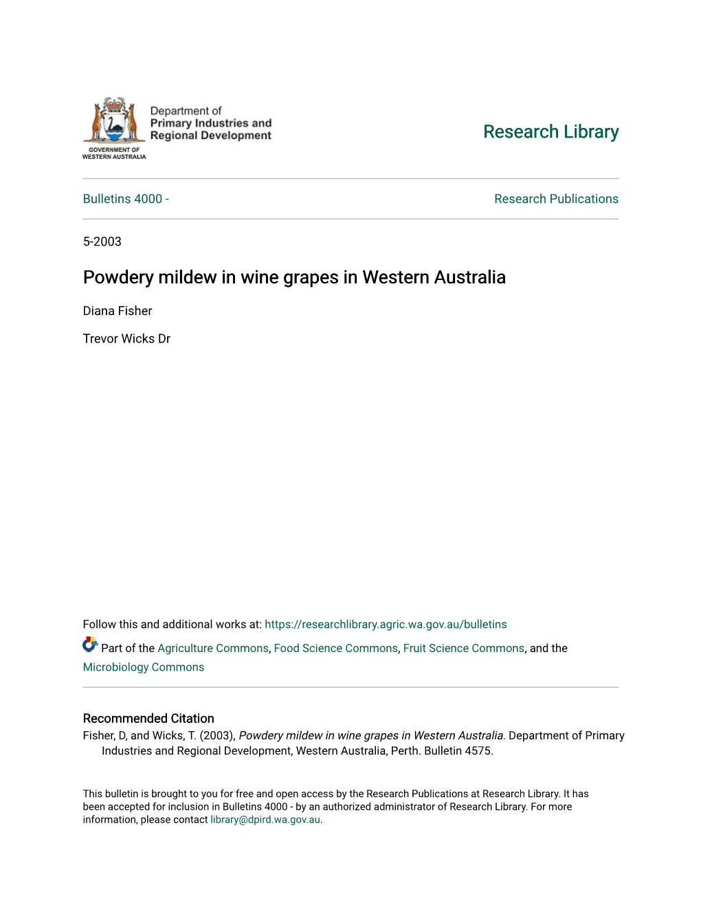 Powdery Mildew in Wine Grapes in Western Australia