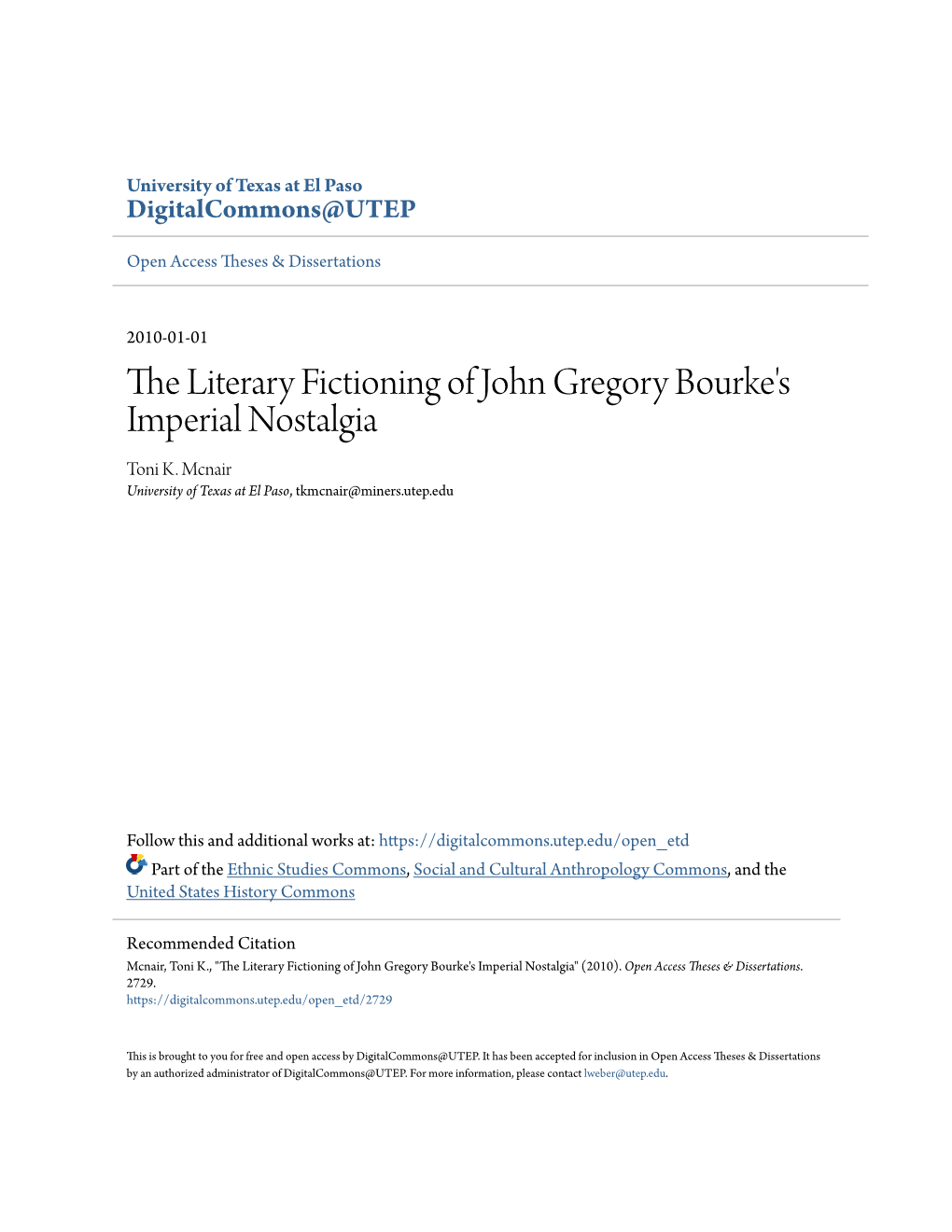 The Literary Fictioning of John Gregory Bourke's Imperial Nostalgia Toni K