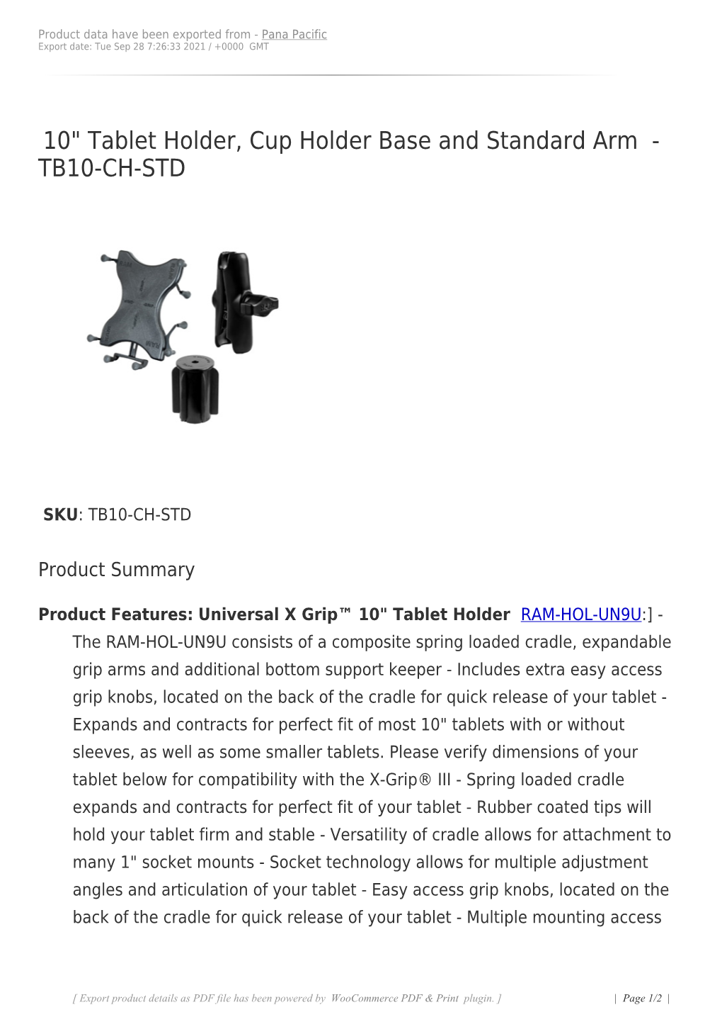 10" Tablet Holder, Cup Holder Base and Standard Arm - TB10-CH-STD