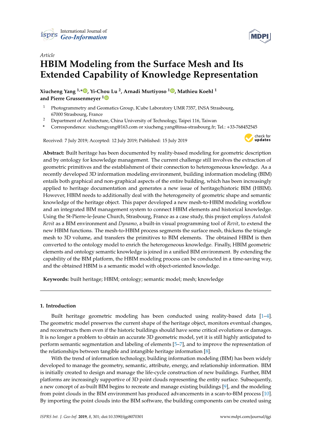 HBIM Modeling from the Surface Mesh and Its Extended Capability of Knowledge Representation