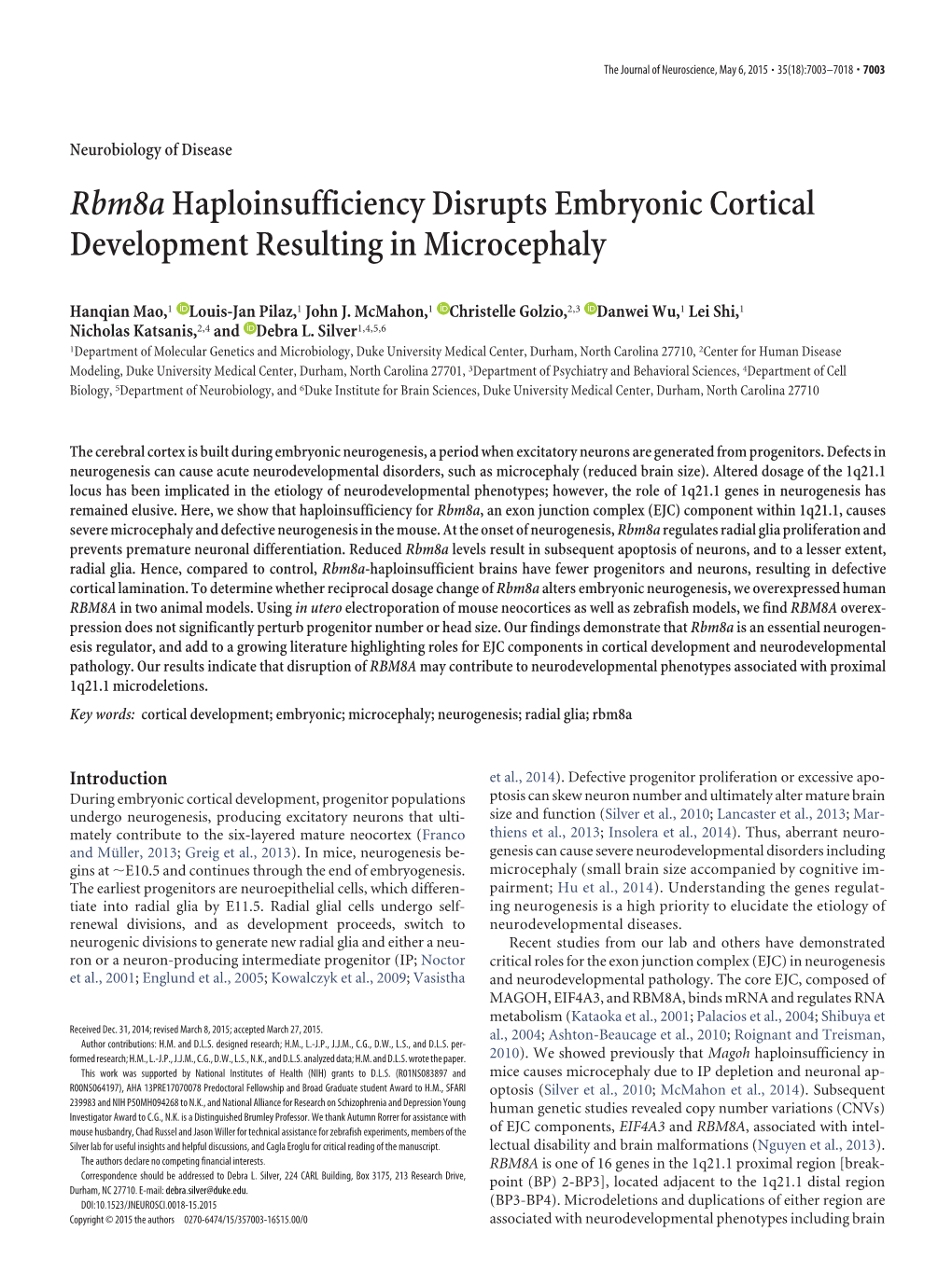 Rbm8ahaploinsufficiency Disrupts Embryonic Cortical Development