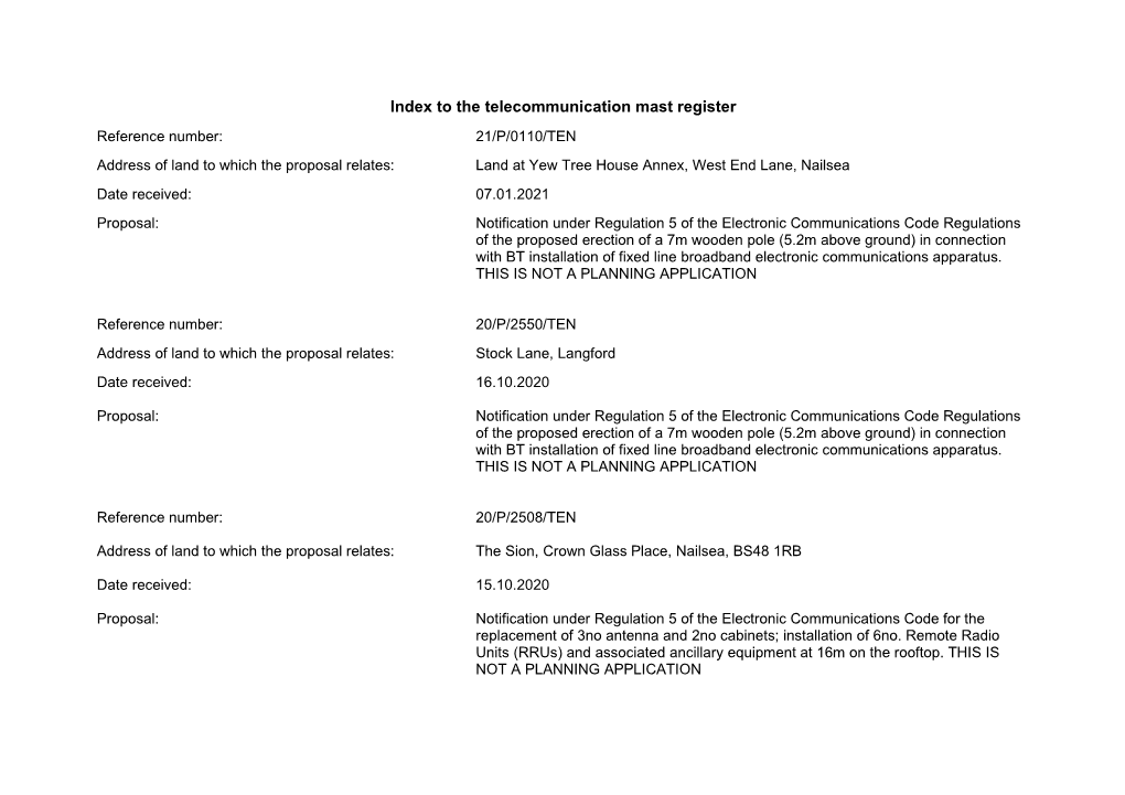 To the Telecommunication Mast Register