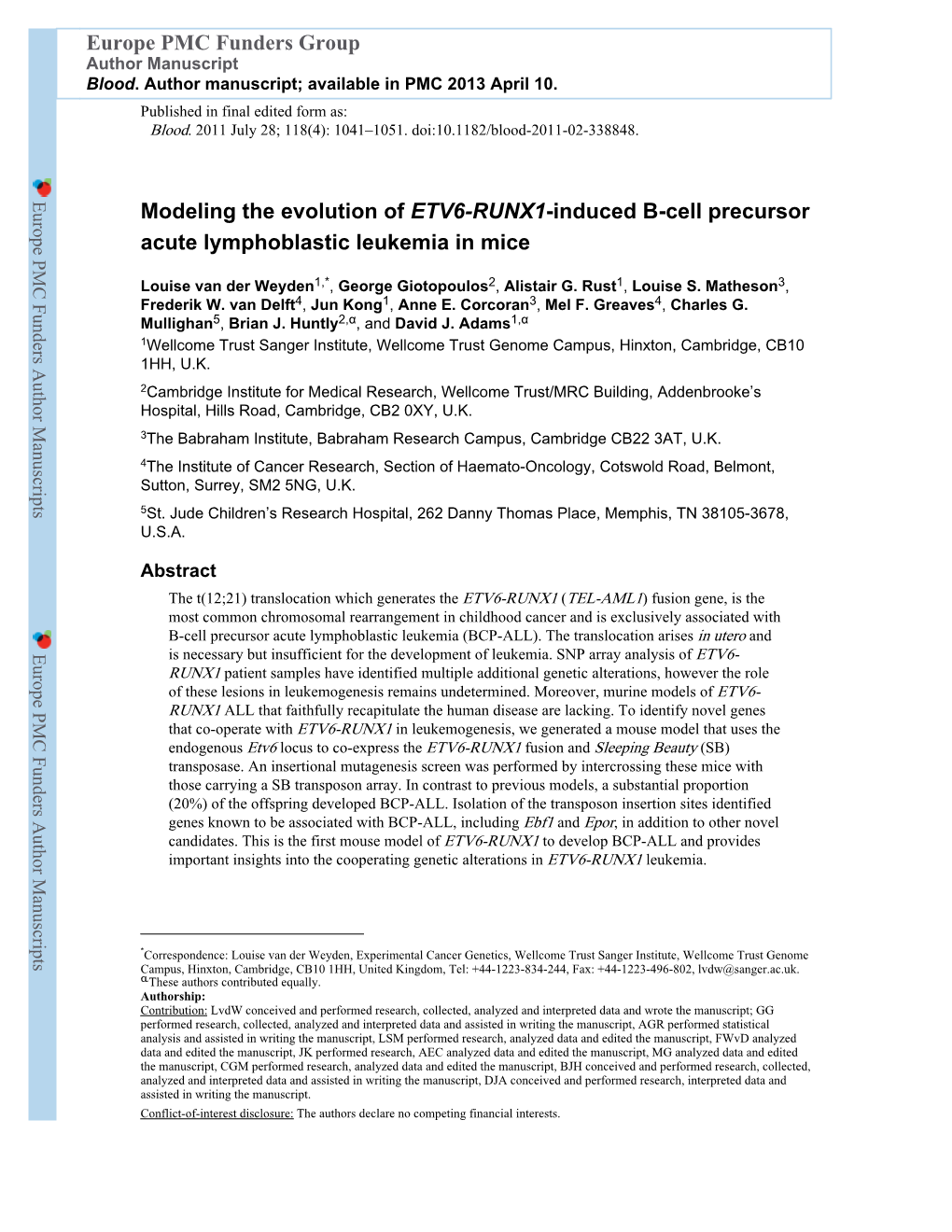 Modeling the Evolution of ETV6-RUNX1-Induced B-Cell Precursor Acute Lymphoblastic Leukemia in Mice