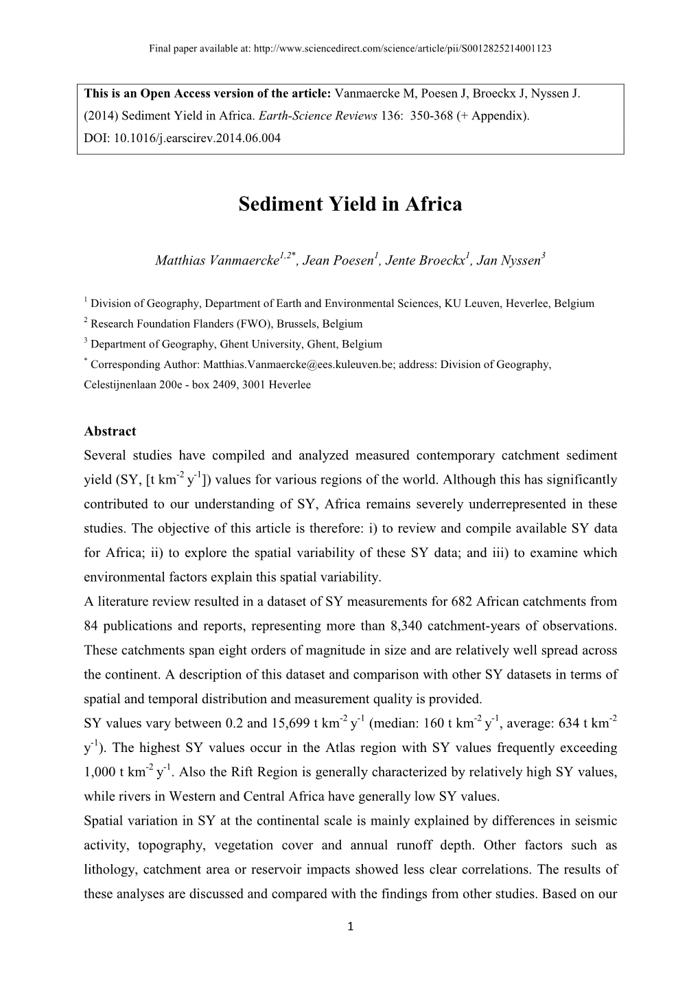 Sediment Yield in Africa