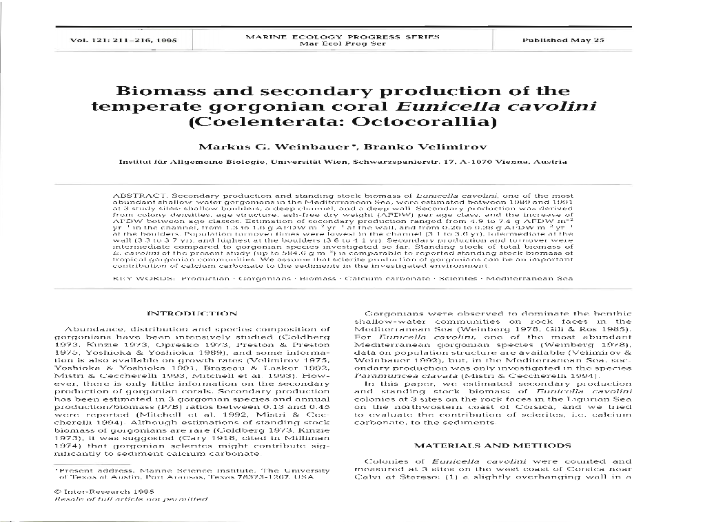 Biomass and Secondary Production of the Temperate Gorgonian Coral Eunicella Cavolini (Coelenterata: Octocorallia)