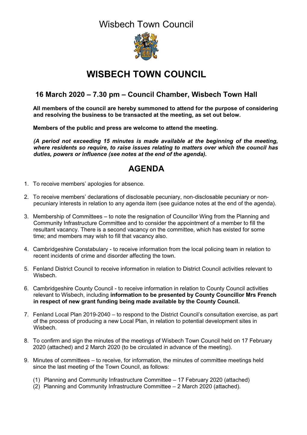 Agenda Wisbech Town Council Meeting 16 March 2020