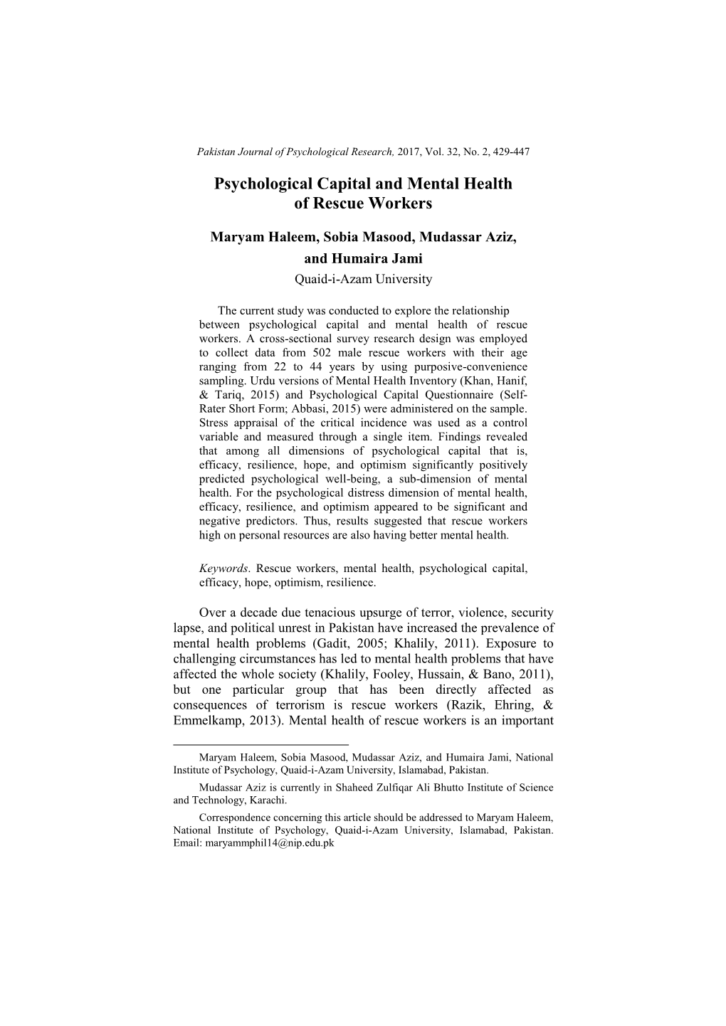 Psychological Capital and Mental Health of Rescue Workers