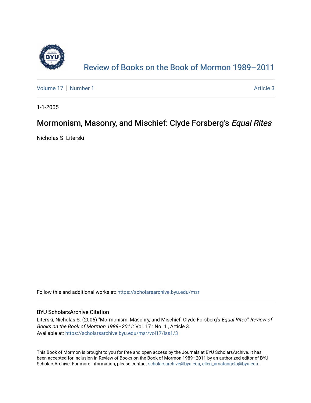 Mormonism, Masonry, and Mischief: Clyde Forsberg’S Equal Rites