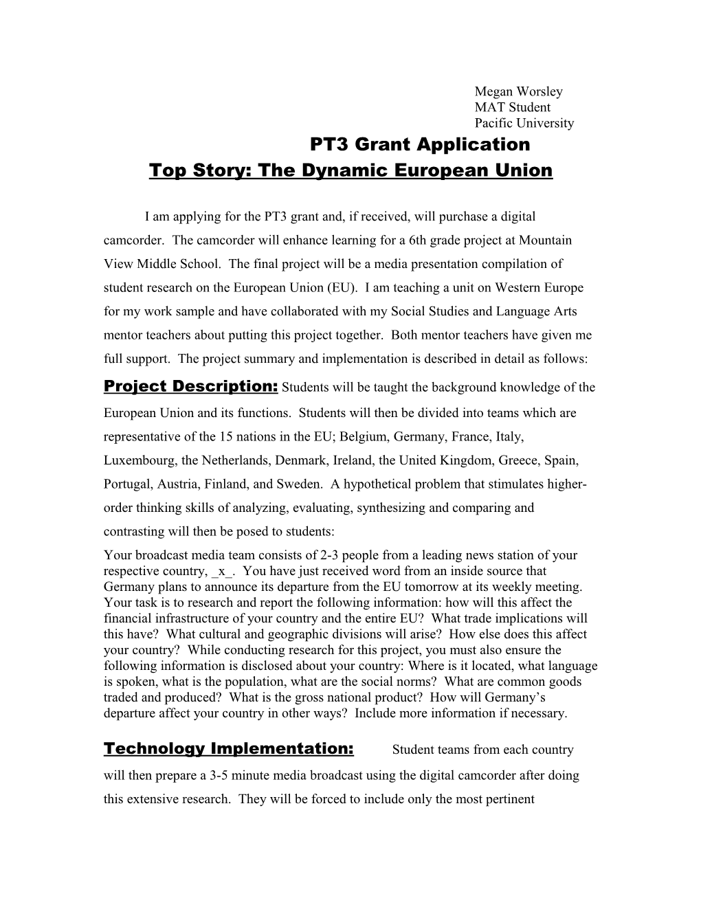 Pacific University PT3 Grant Application