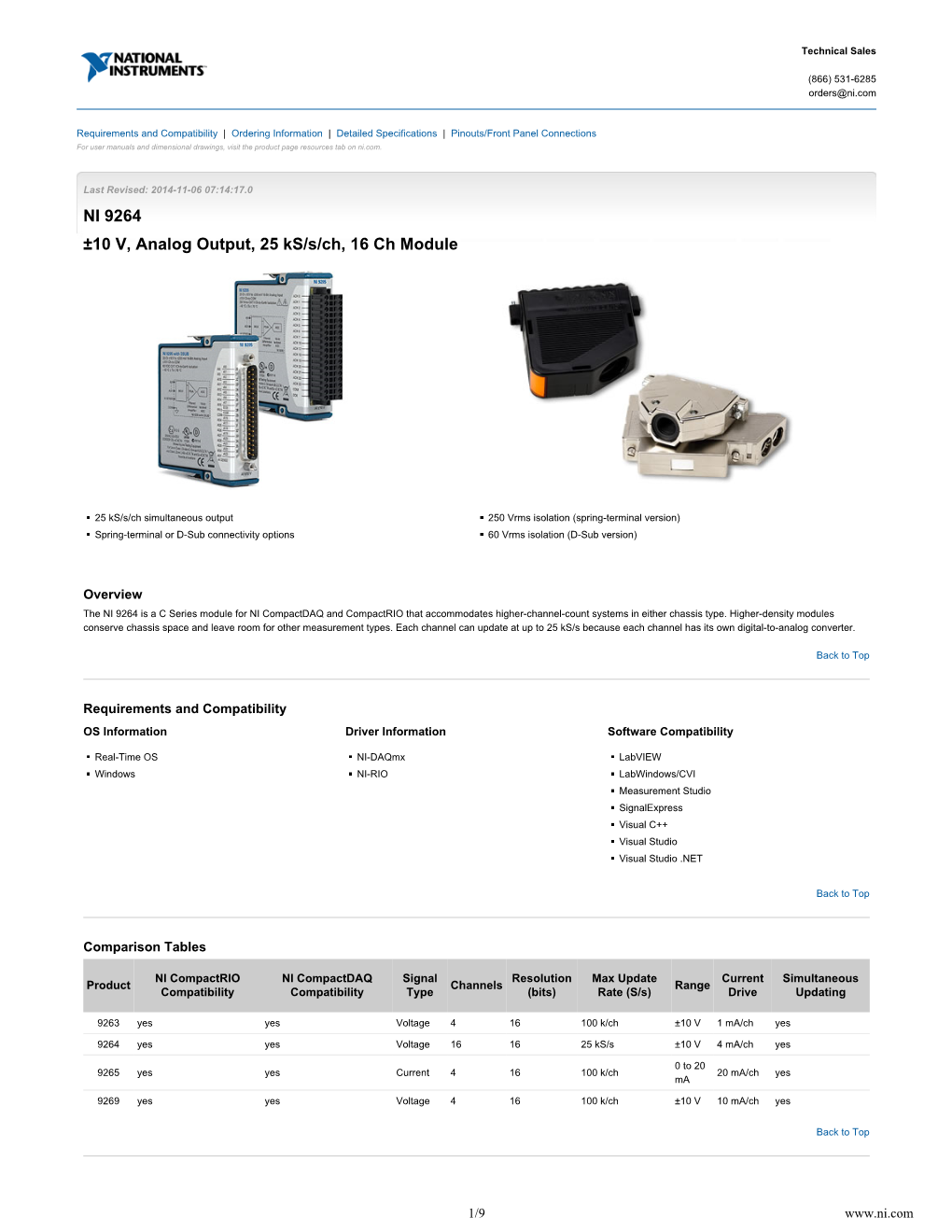 NI 9264 ±10 V, Analog Output, 25 Ks/S/Ch, 16 Ch Module