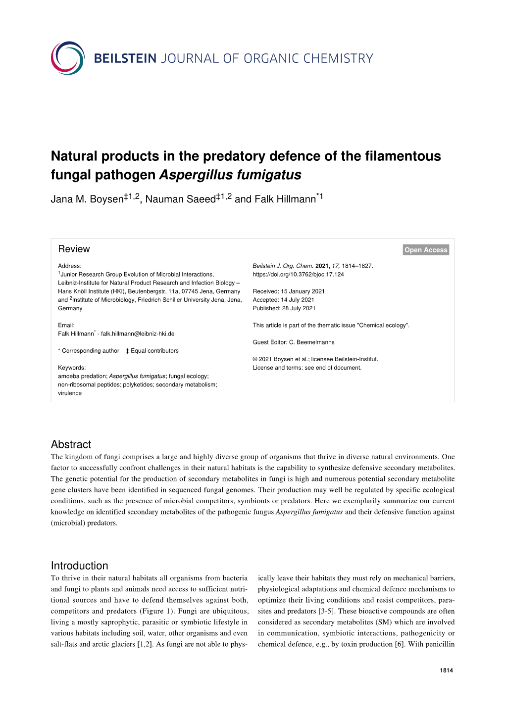 Natural Products in the Predatory Defence of the Filamentous Fungal Pathogen Aspergillus Fumigatus