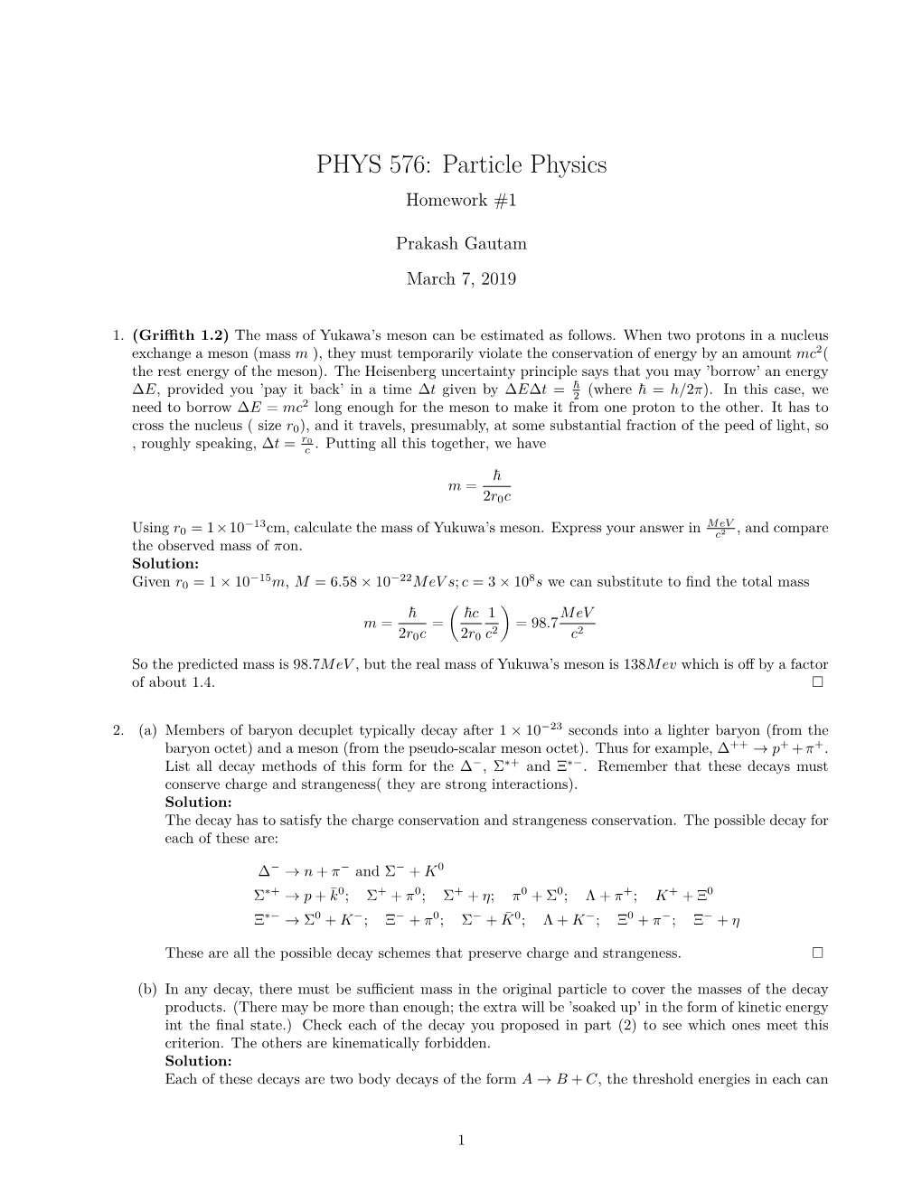 PHYS 576: Particle Physics Homework #1