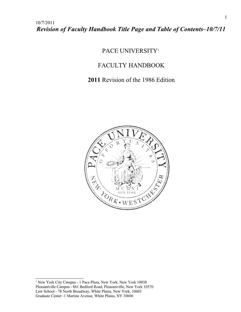 Revision of Faculty Handbook Title Page and Table of Contents 10/7/11