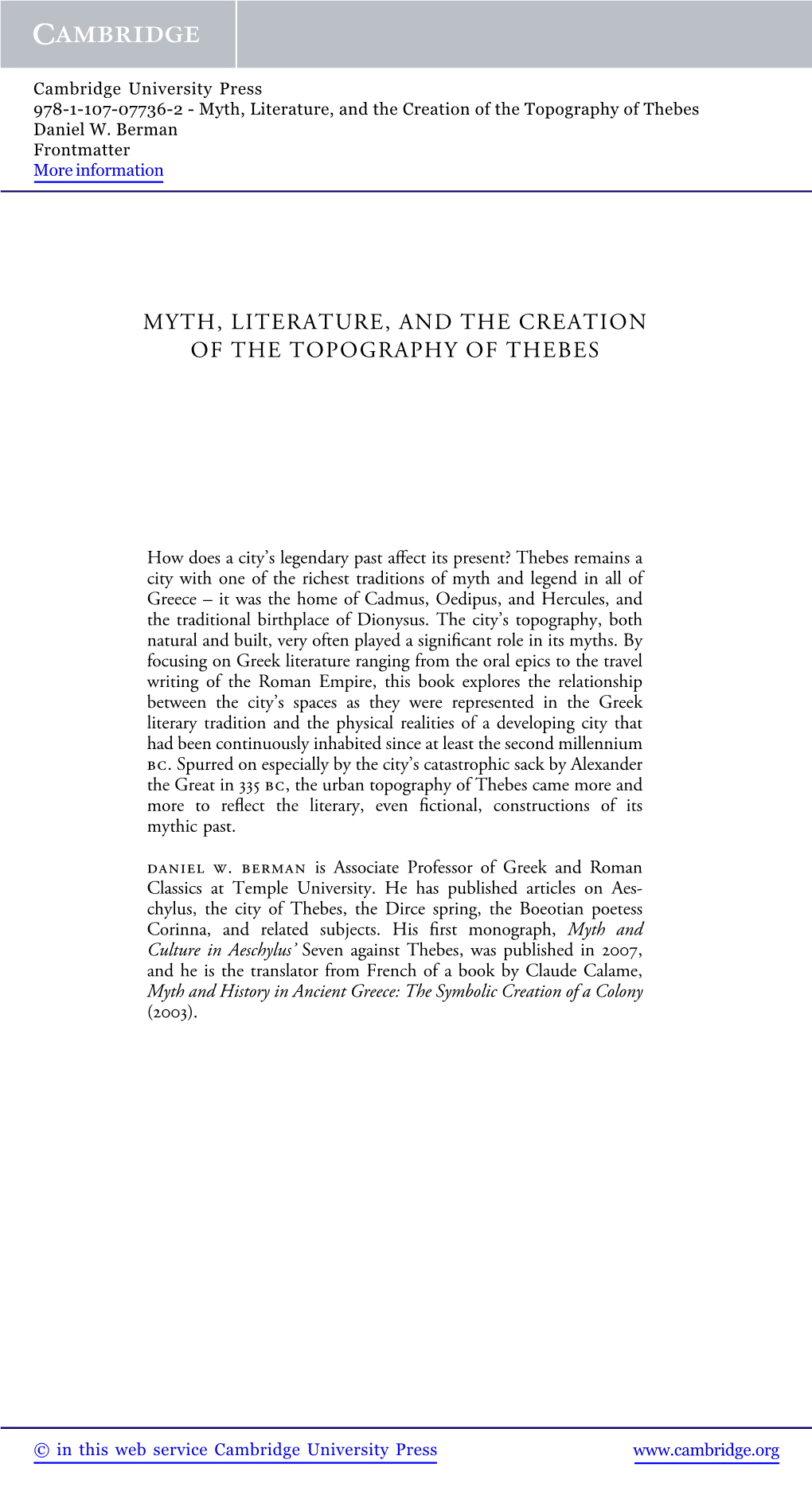 Myth, Literature, and the Creation of the Topography of Thebes Daniel W