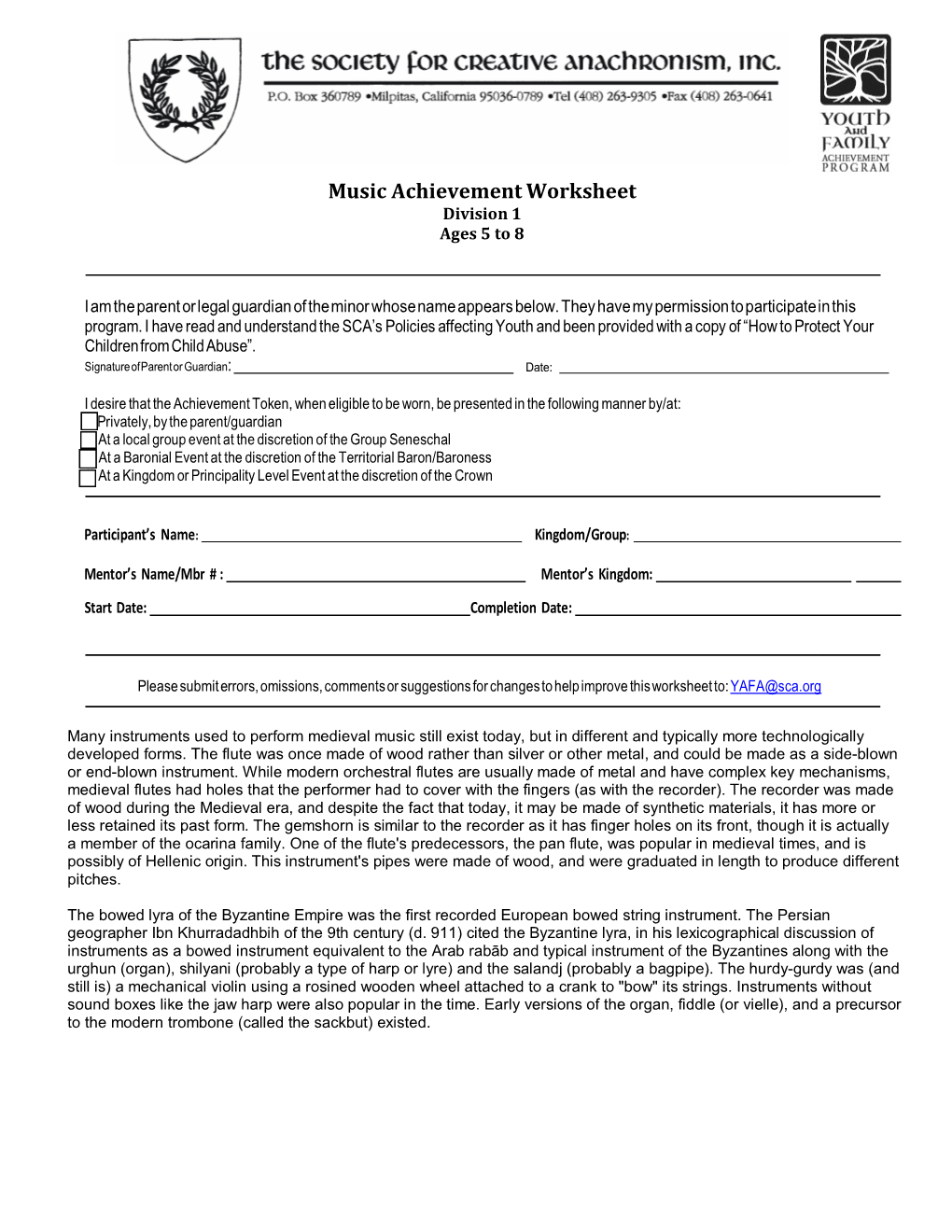 Music Achievement Worksheet Division 1 Ages 5 to 8