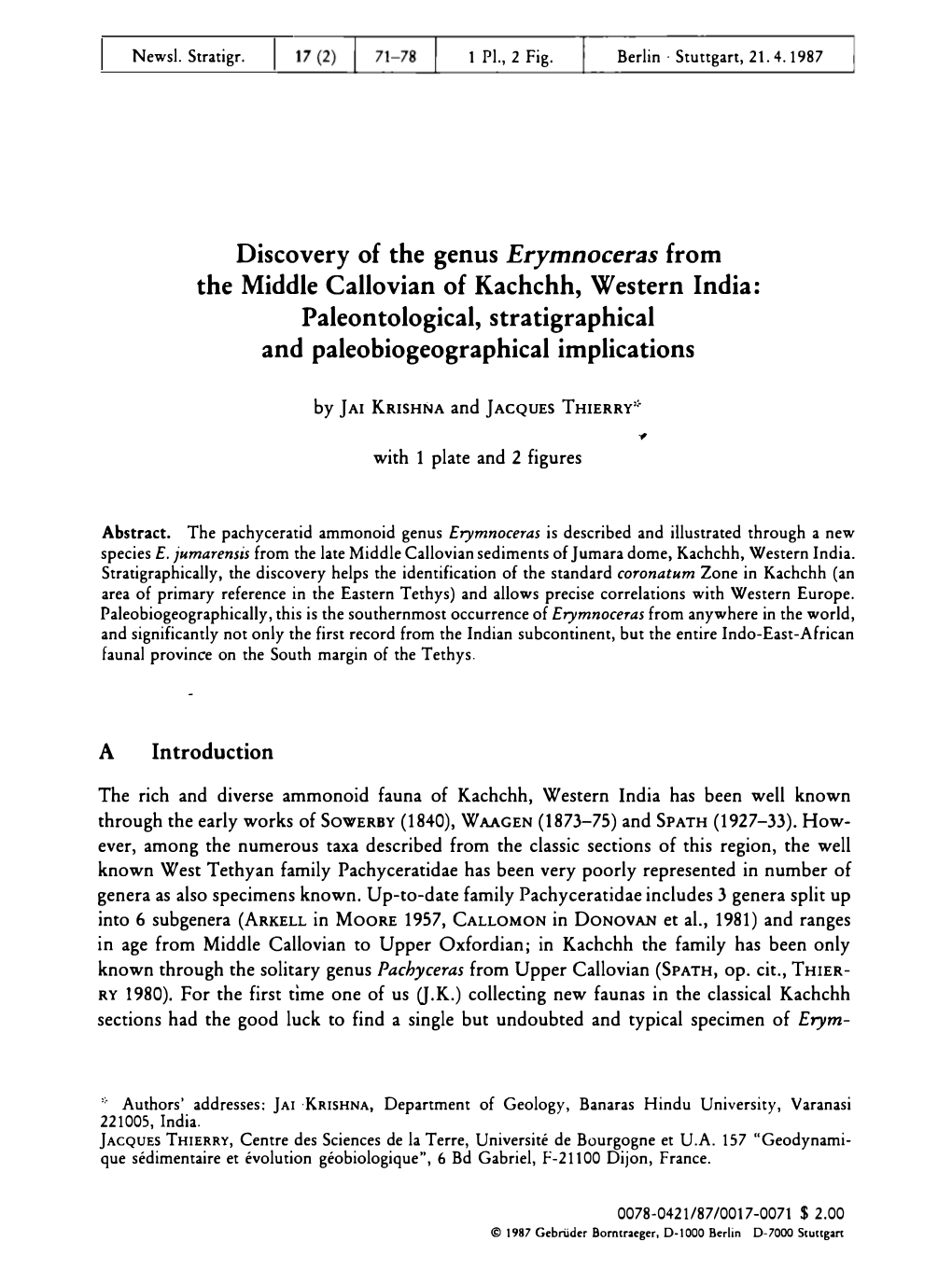 Discovery of the Genus Erymnoceras from the Middle Callovian of Kachchh, Western India: Paleontological, Stratigraphical and Paleobiogeographical Implications